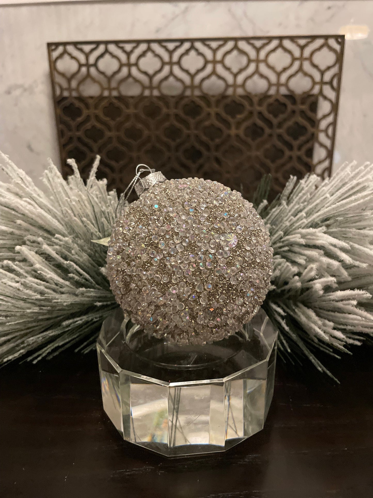 Set of 3. 4" mercury glass with ice ball ornament. Platinum.