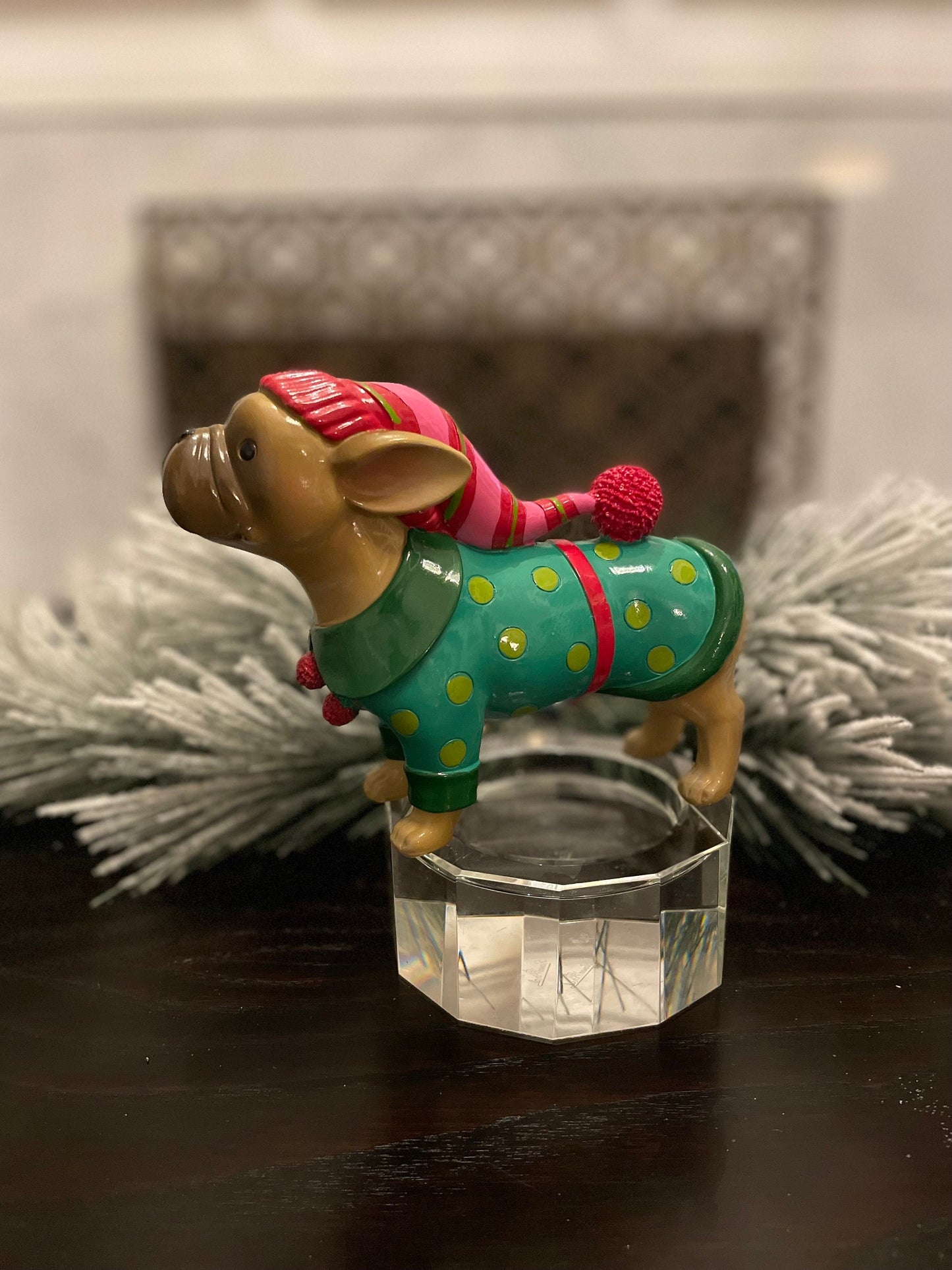 5.5” resin bulldog in Christmas sweater. Tabletop.