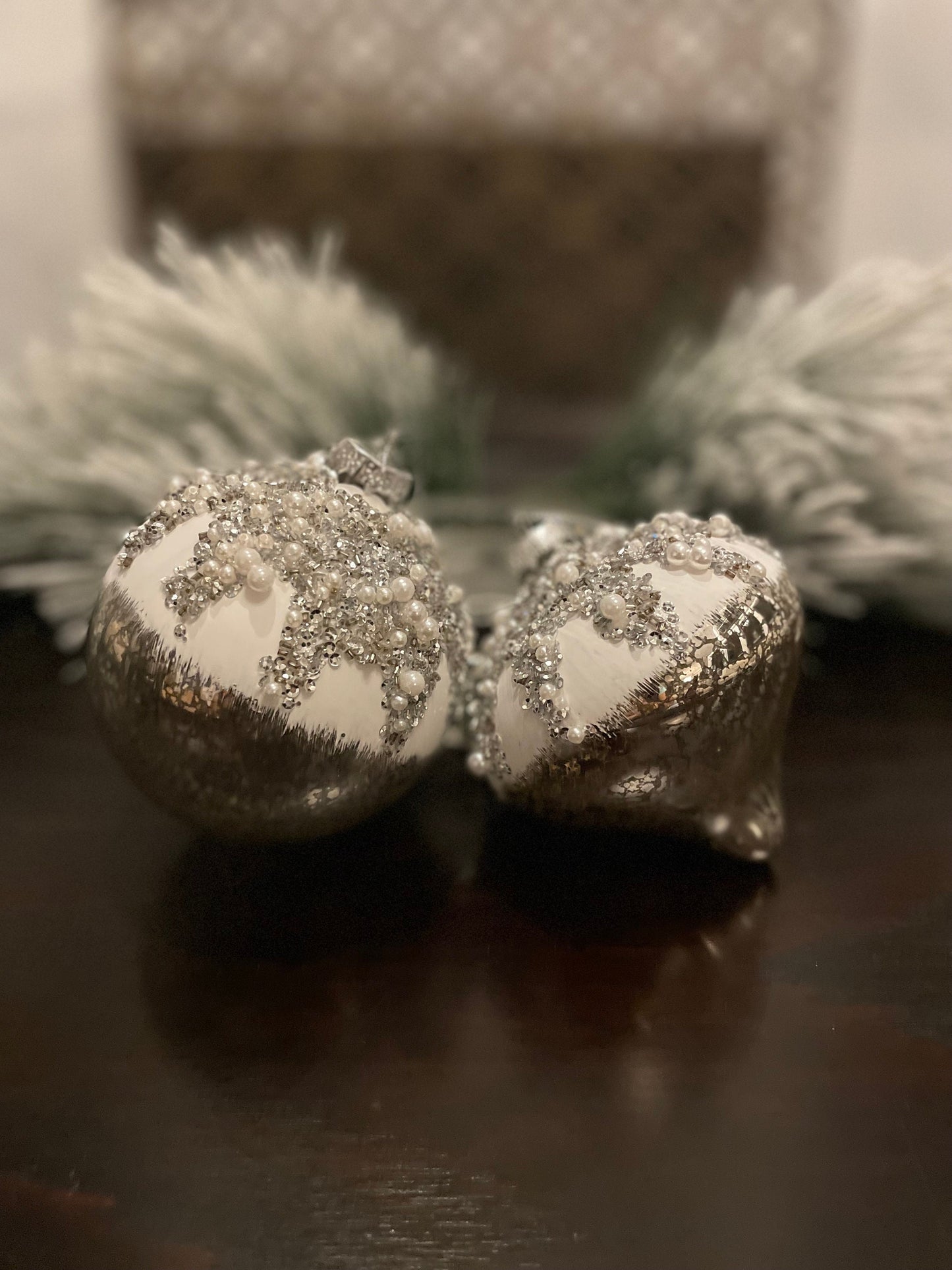 4” Mercury glass ornaments pearl jewel ball and finial ornament. Set of ball and finial.