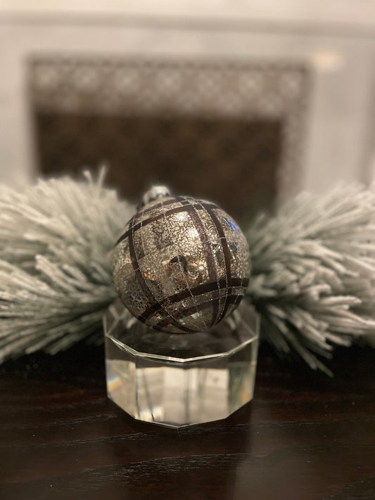 Set of 2. 4" mercury glass plaid ball ornament. Beautiful!