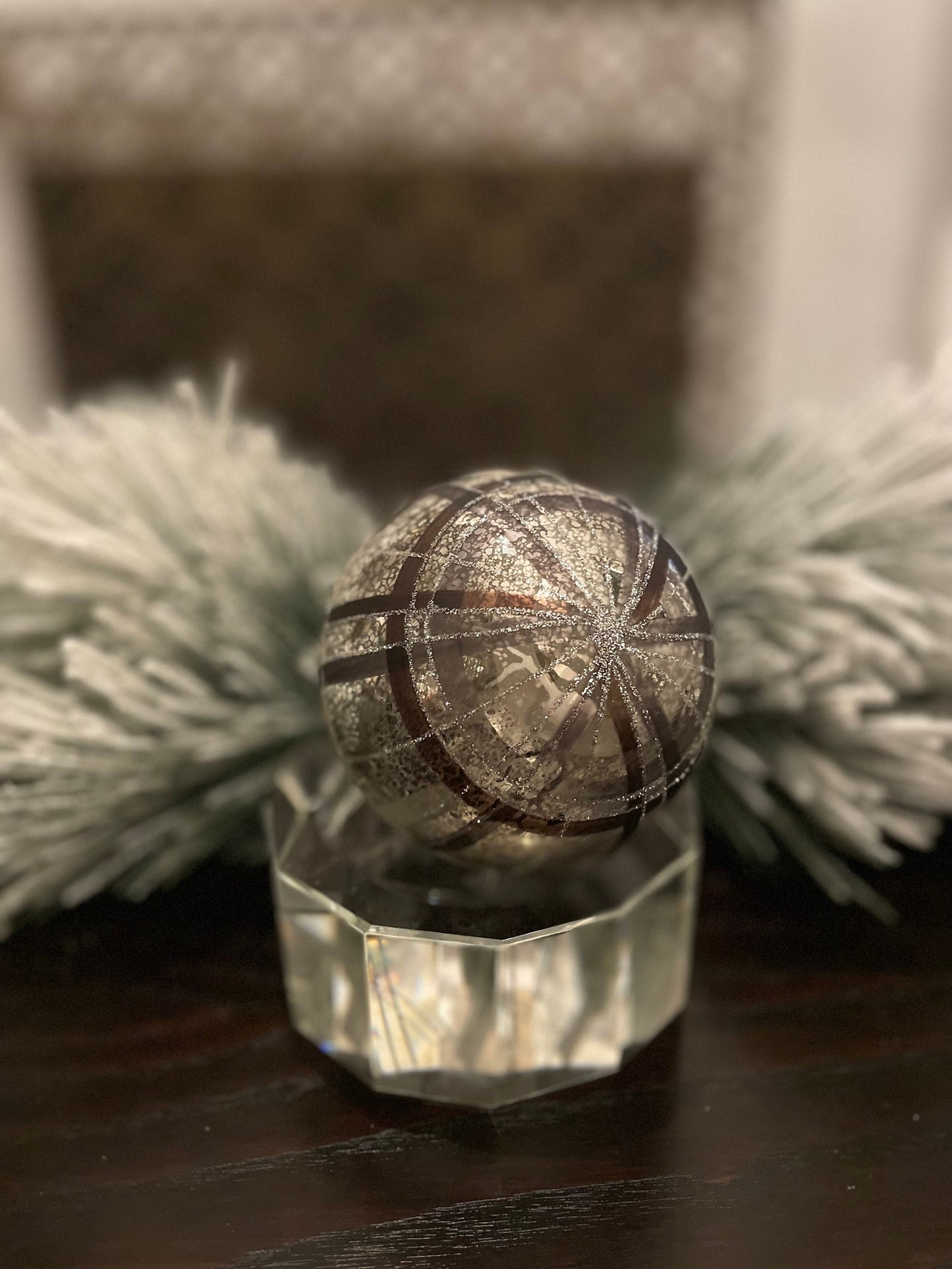 Set of 2. 4" mercury glass plaid ball ornament. Beautiful!