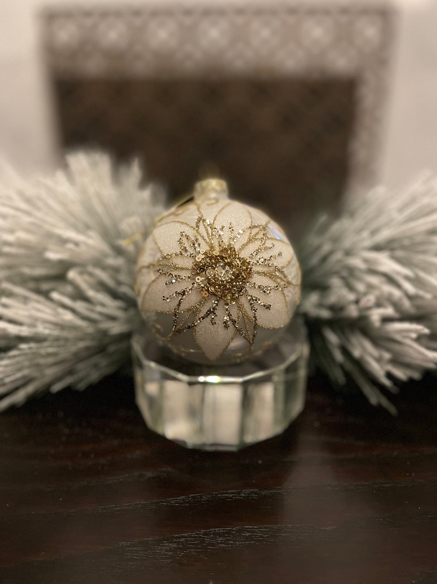 Set of 2. 4" glass beaded filigree floret ball ornament. Ivory and gold.