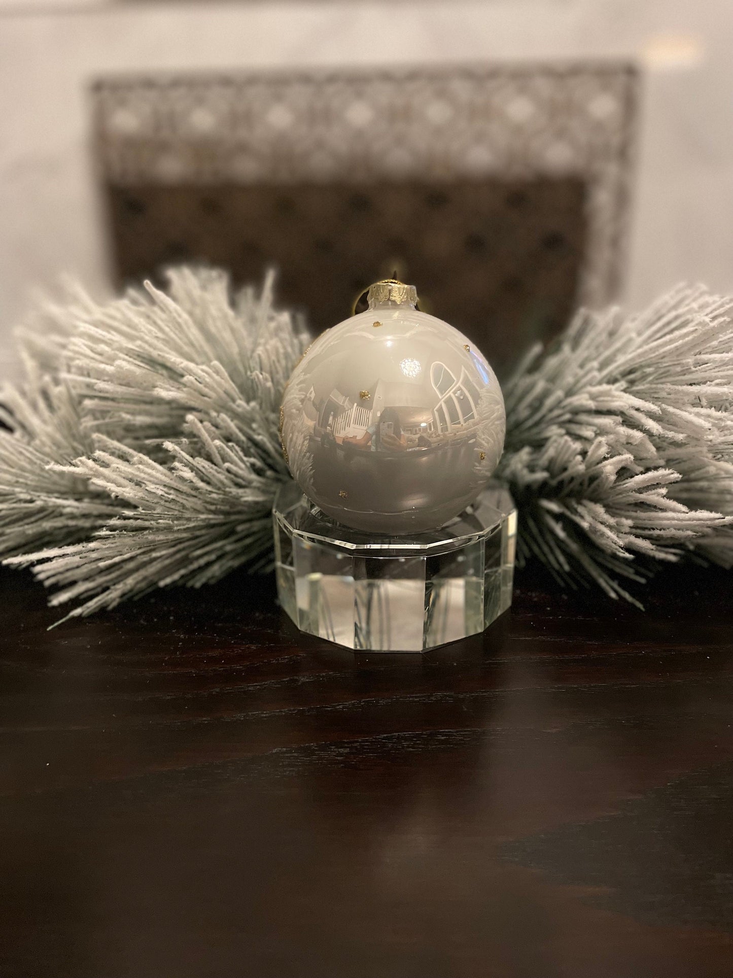 Set of 2. 4" glass beaded filigree floret ball ornament. Ivory and gold.