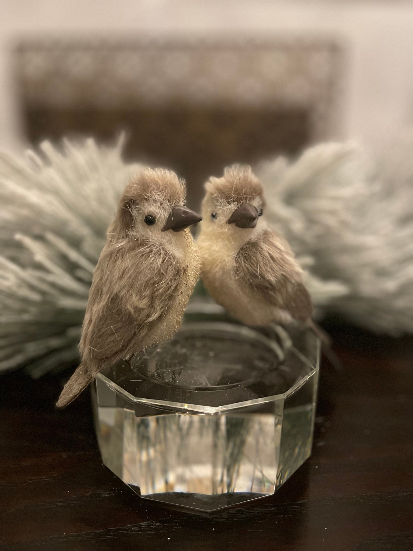 Set of 2. 4” Fabric and faux fur glitter bird clip ornament.