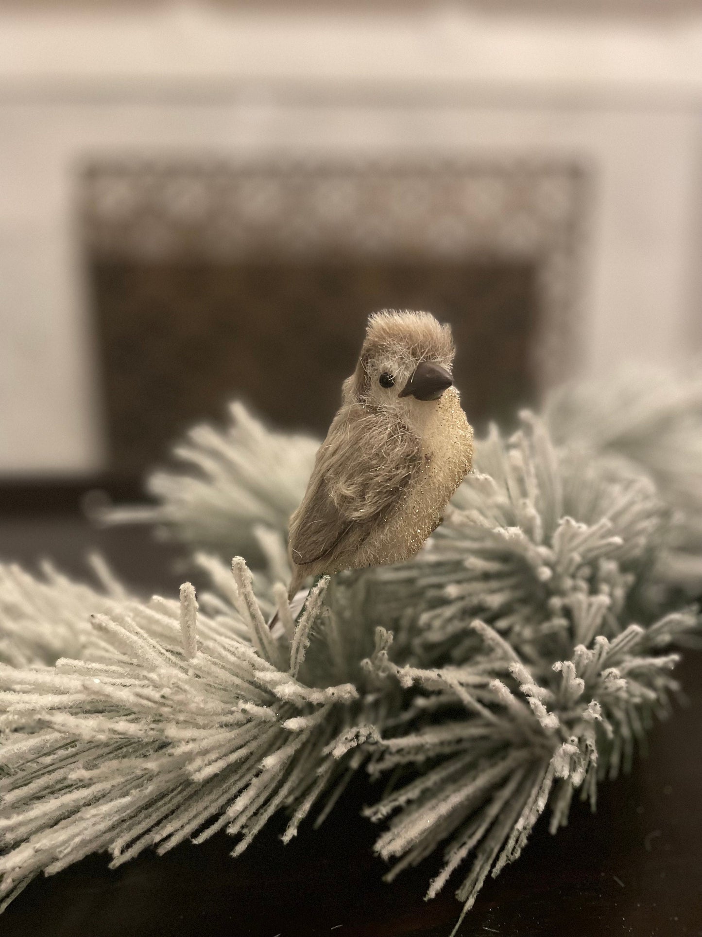 Set of 2. 4” Fabric and faux fur glitter bird clip ornament.