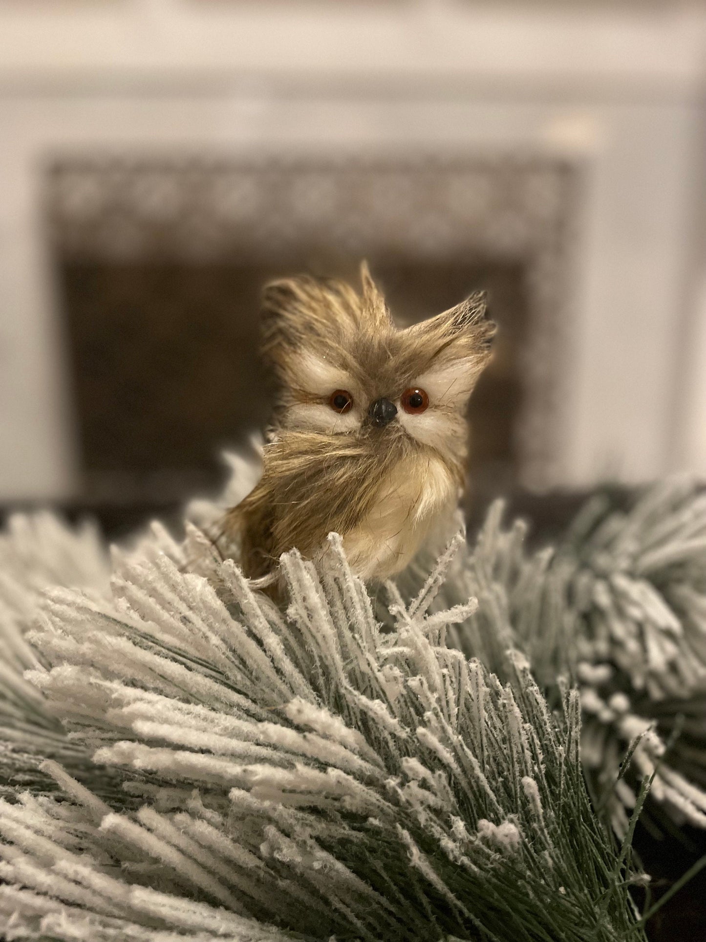 Set of 2. 4.5” Speckled feather owl ornament.