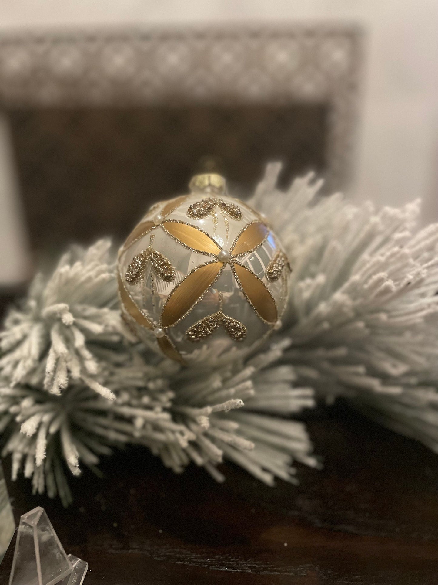 Set of 2. 4" glass gilded regal ornament.