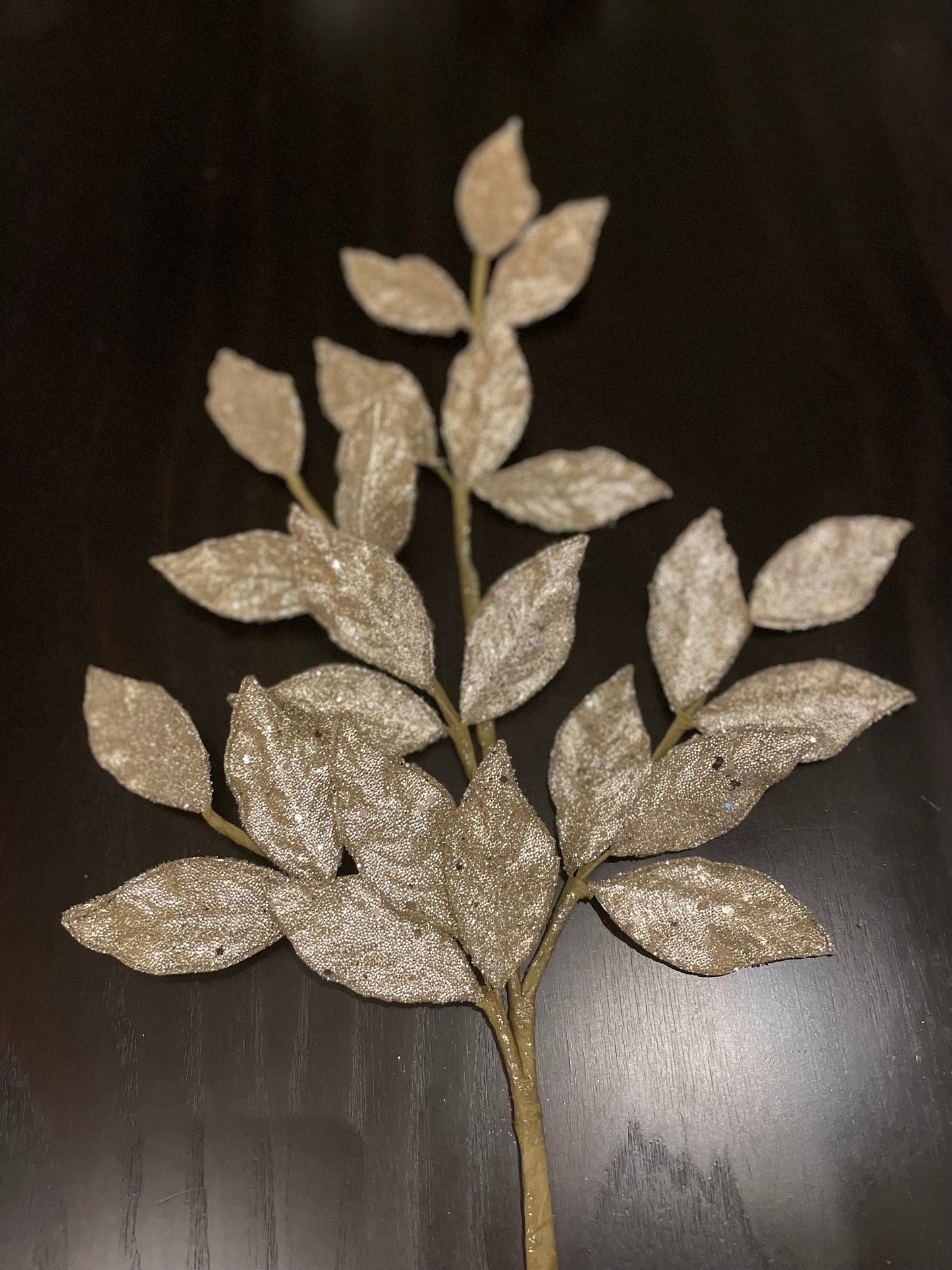 Set of 2. 29” Bay leaf spray, micro beaded sequins. Champagne and gold.