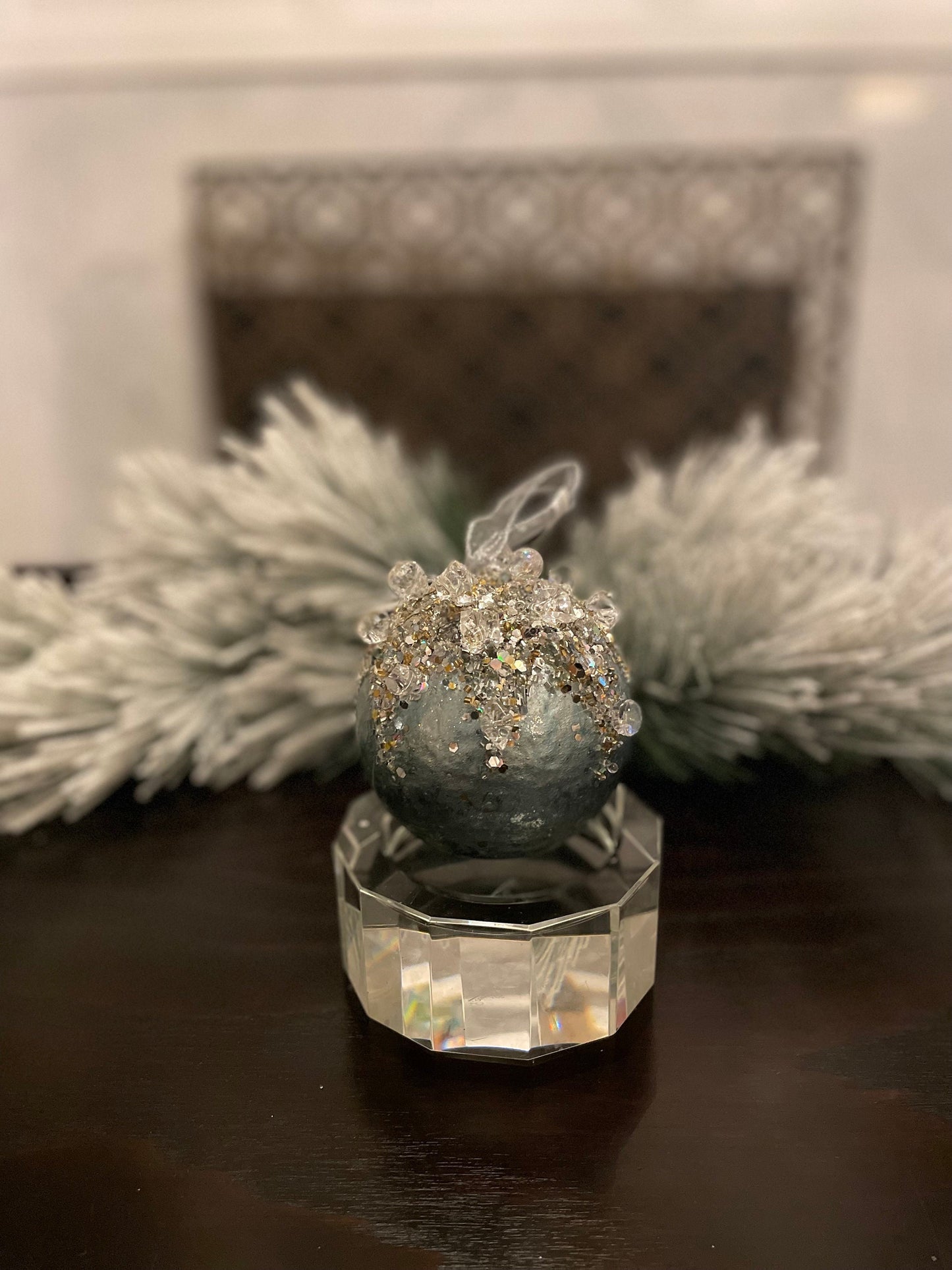 4" heavy jeweled ball ornament aqua