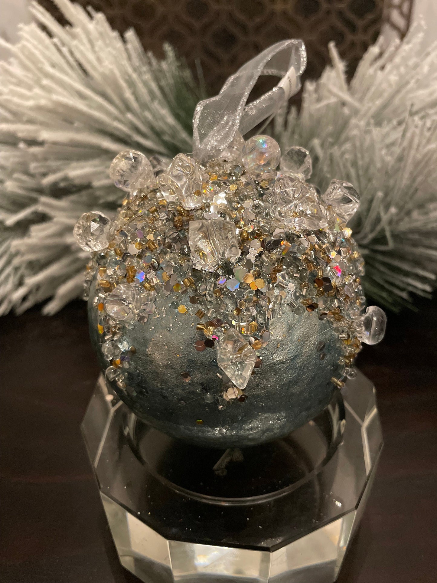 4" heavy jeweled ball ornament aqua
