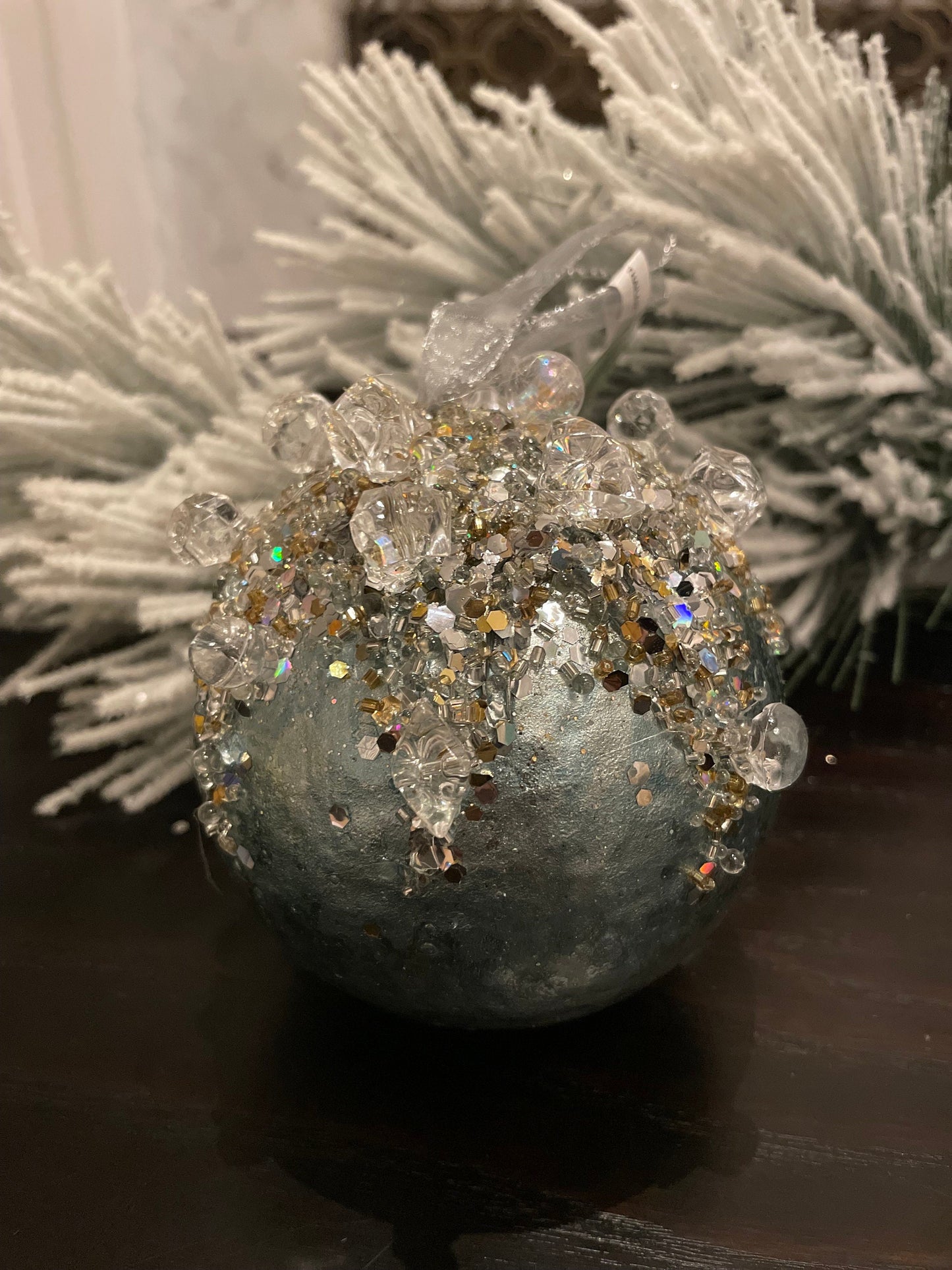 4" heavy jeweled ball ornament aqua