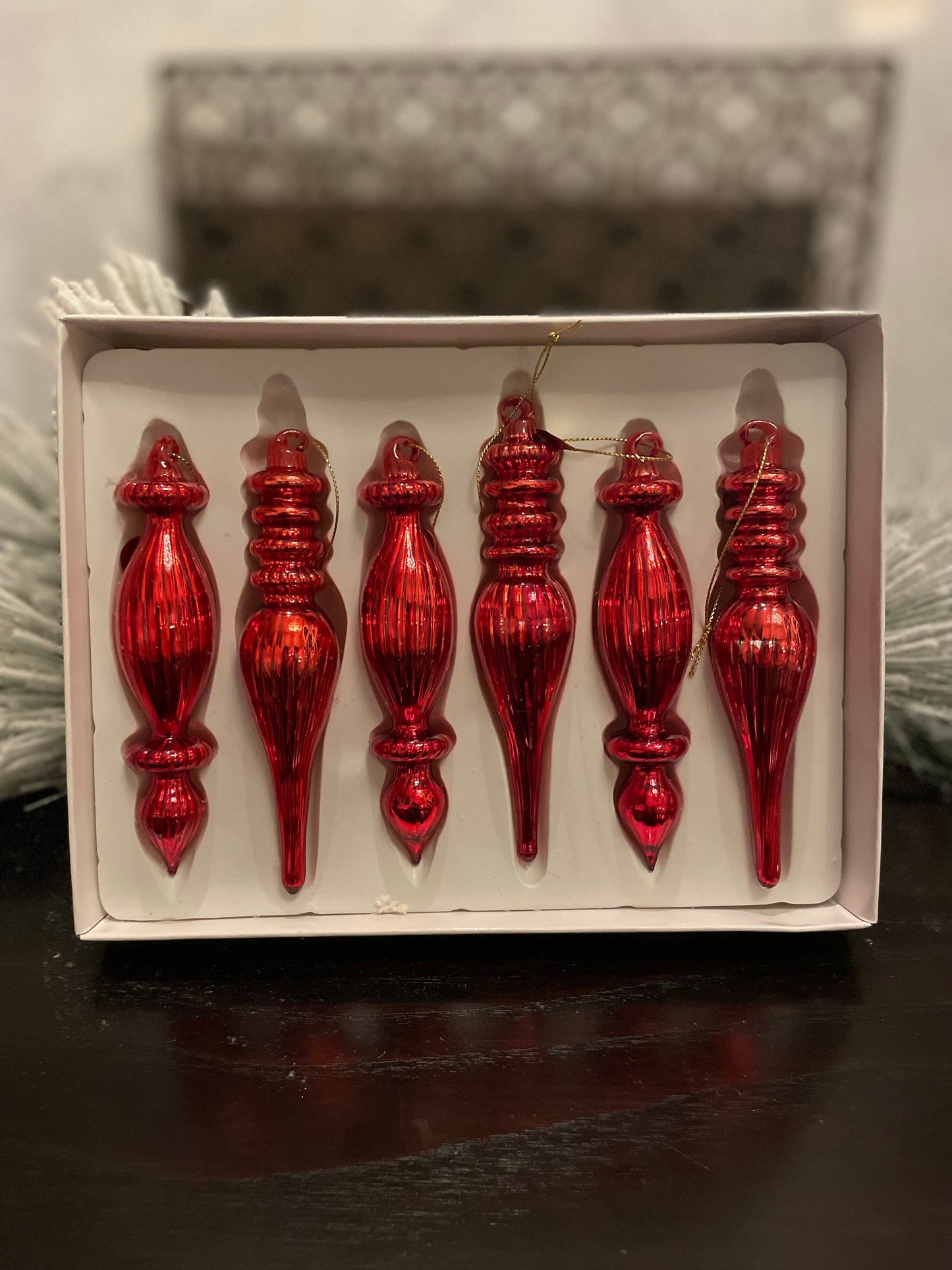 6.5” Box of red finial ornaments. Glass. Set of 6.