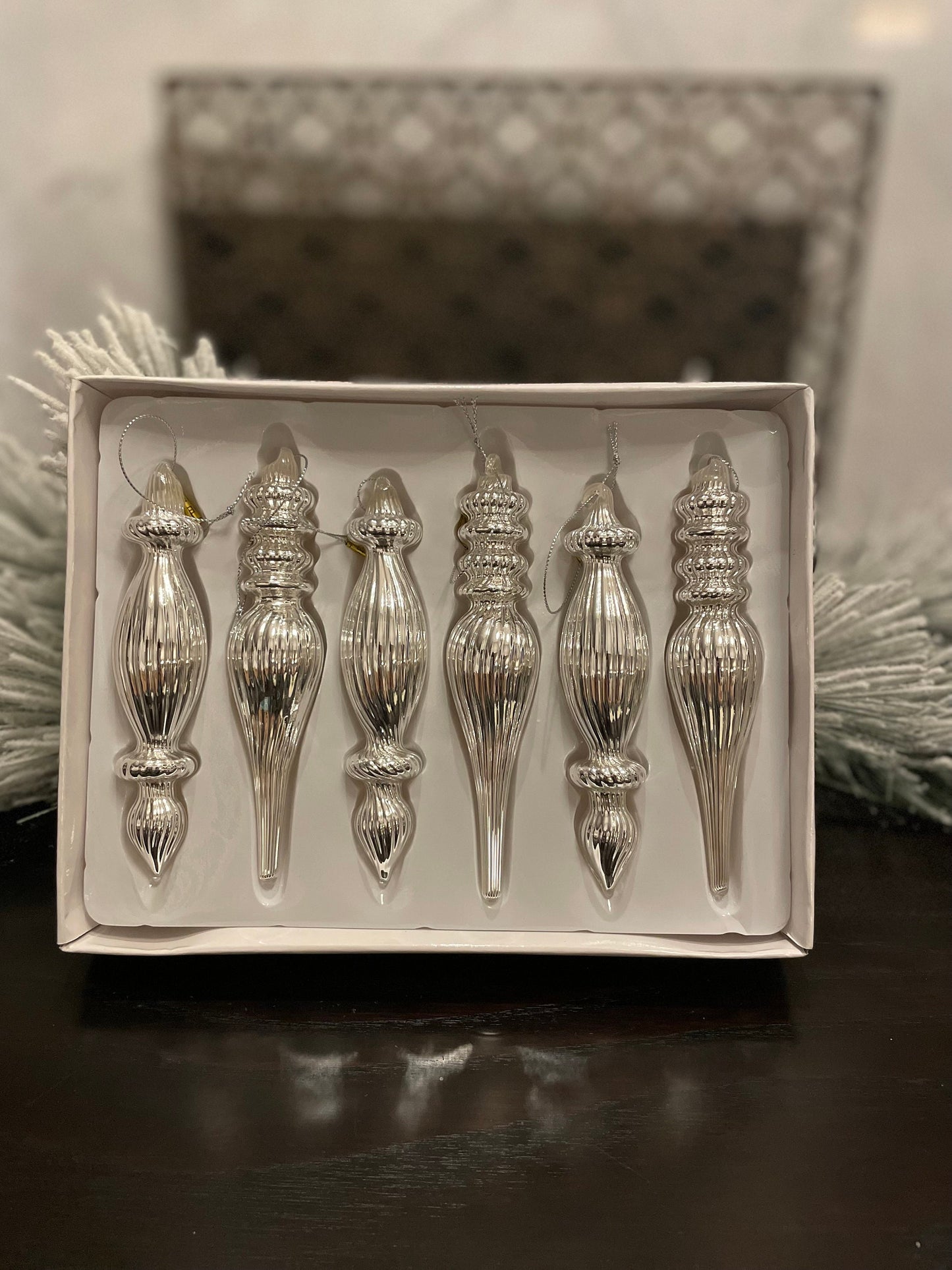 6.5” Box of silver finial ornaments. Glass. Set of 6.