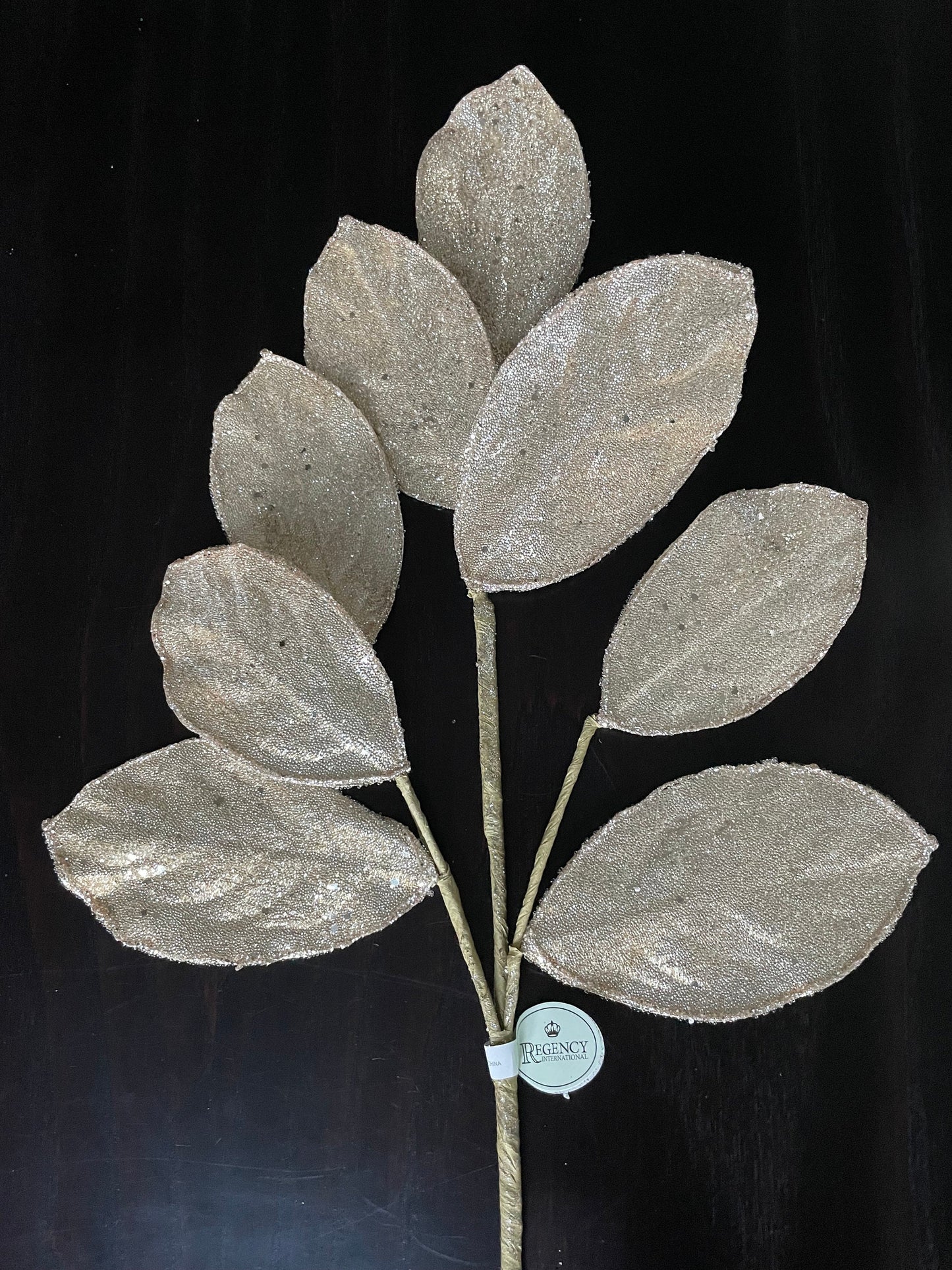 Set of 2. 28" Magnolia leaf spray. Champagne. Micro beaded and sequins. Set of 2.