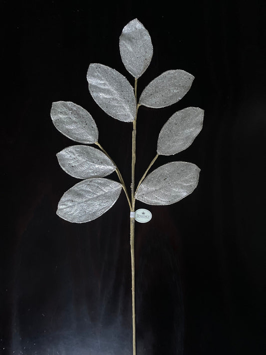 Set of 2. 28" Magnolia leaf spray. Platinum . Micro beaded and sequins. Set of 2.