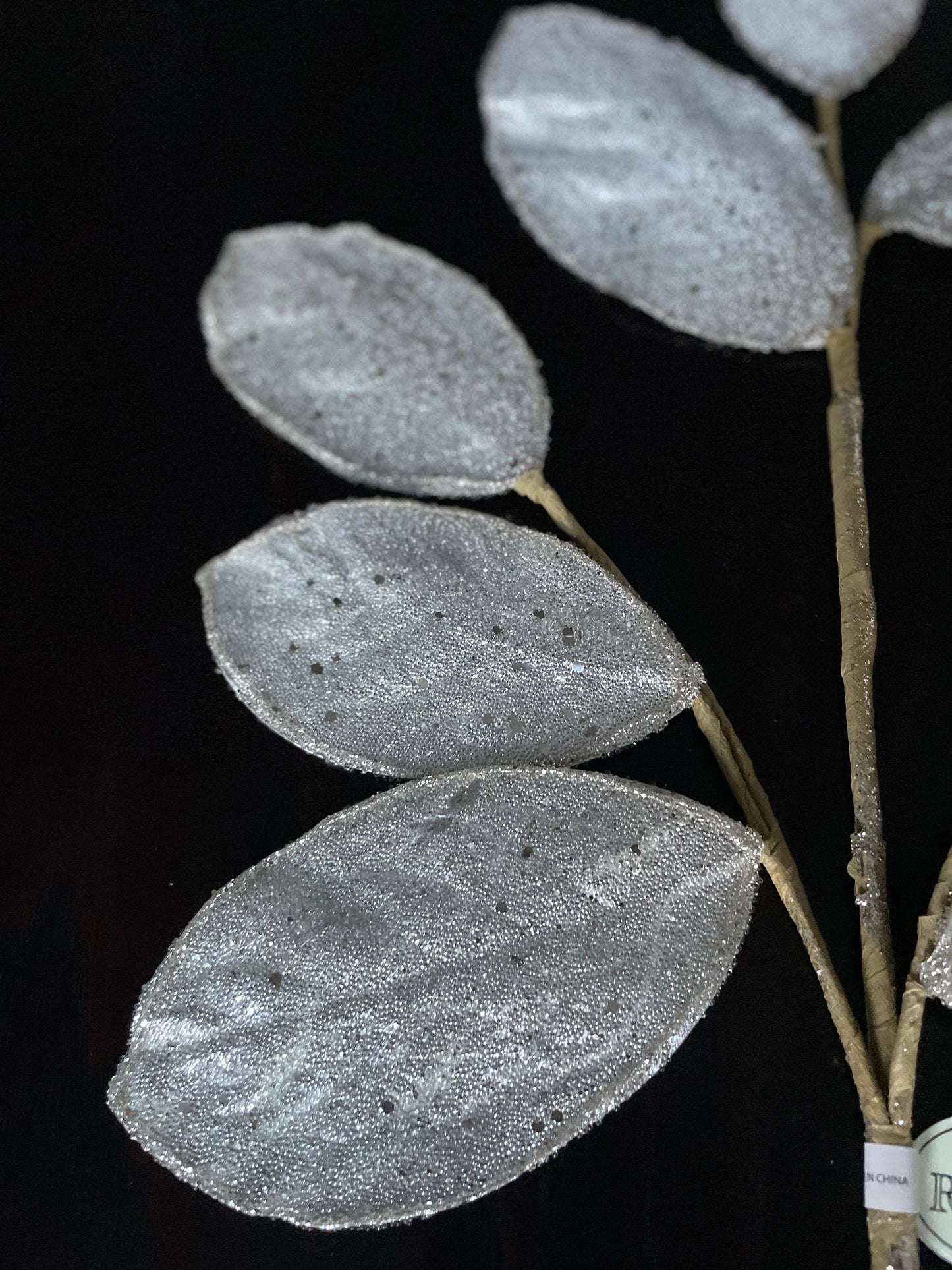 Set of 2. 28" Magnolia leaf spray. Platinum . Micro beaded and sequins. Set of 2.