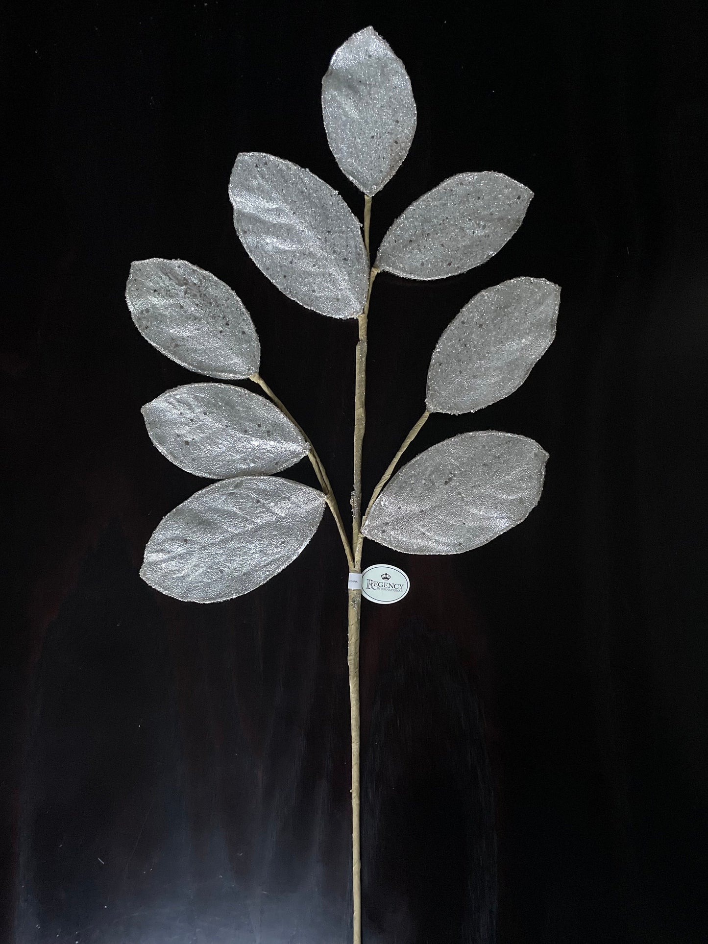 Set of 2. 28" Magnolia leaf spray. Platinum . Micro beaded and sequins. Set of 2.