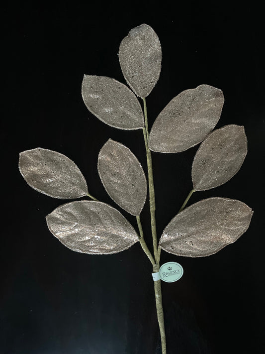 Set of 2. 28" Magnolia leaf spray. Rose gold . Micro beaded and sequins. Set of 2.