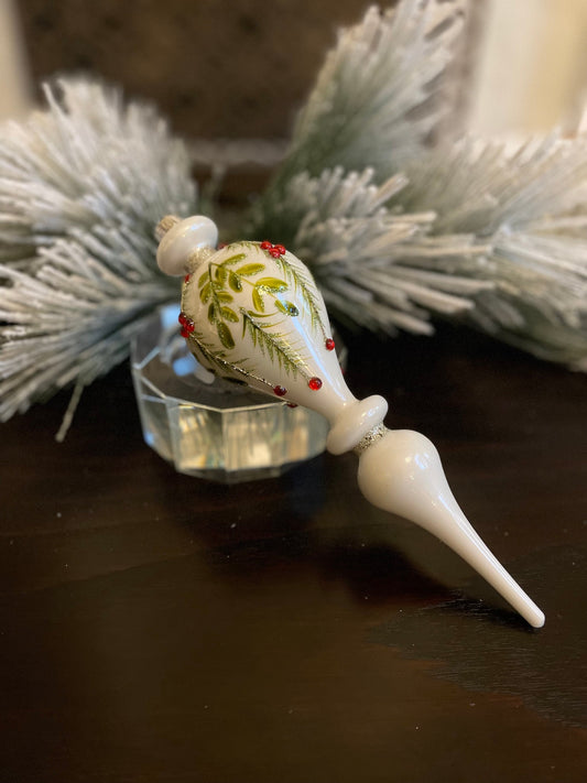 Set of 2. 10” Glass finial berry/ leaf/ pine ornament. Set of 2.*