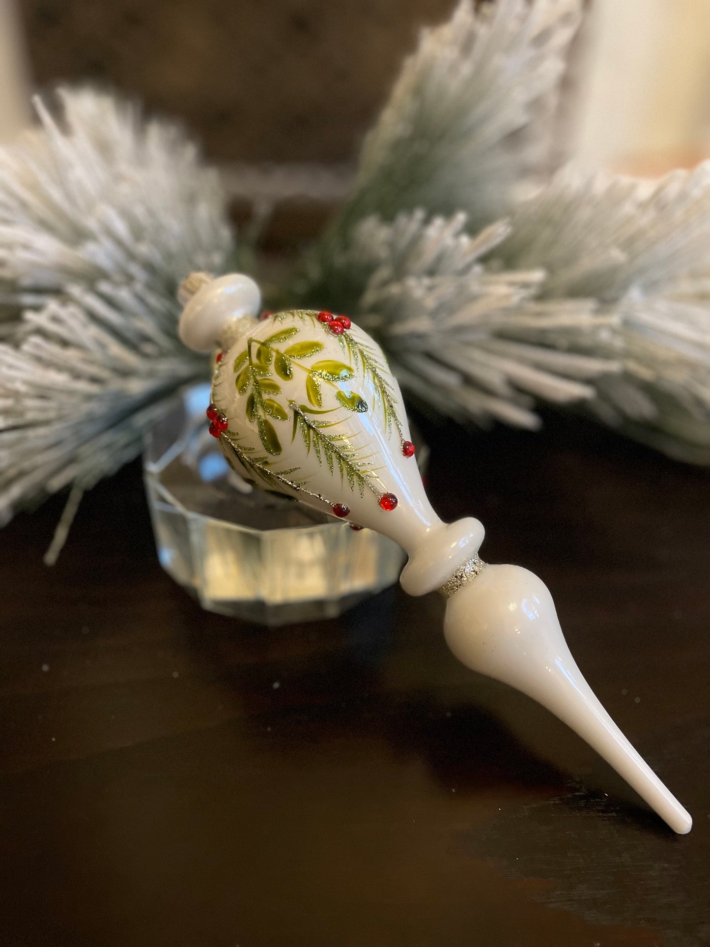 Set of 2. 10” Glass finial berry/ leaf/ pine ornament. Set of 2.*