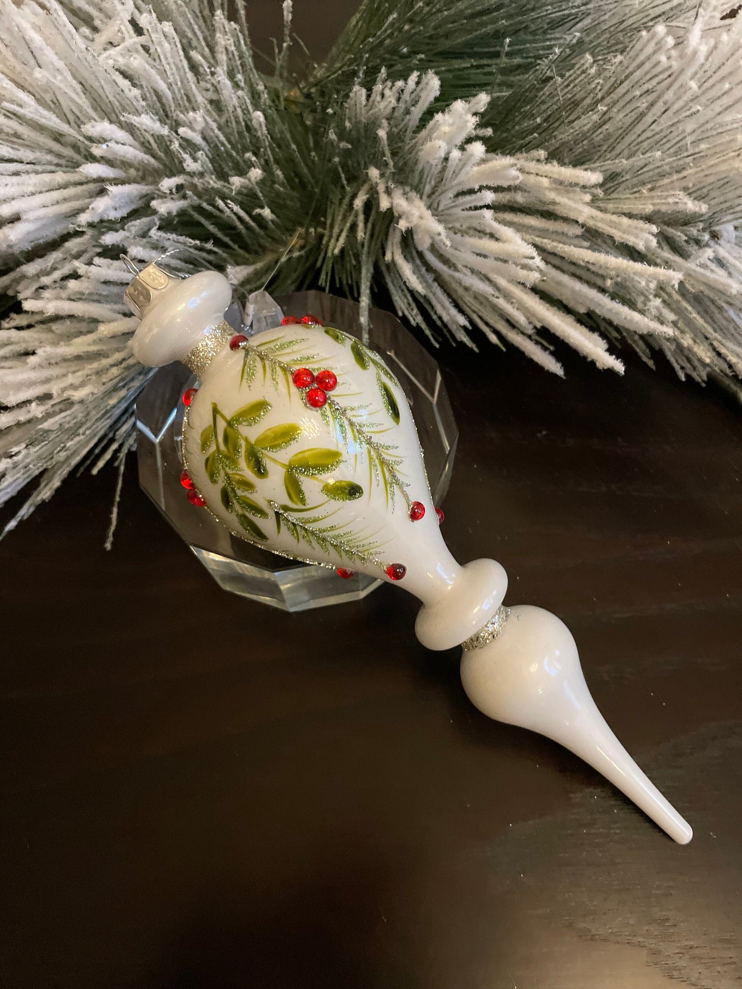 Set of 2. 10” Glass finial berry/ leaf/ pine ornament. Set of 2.*