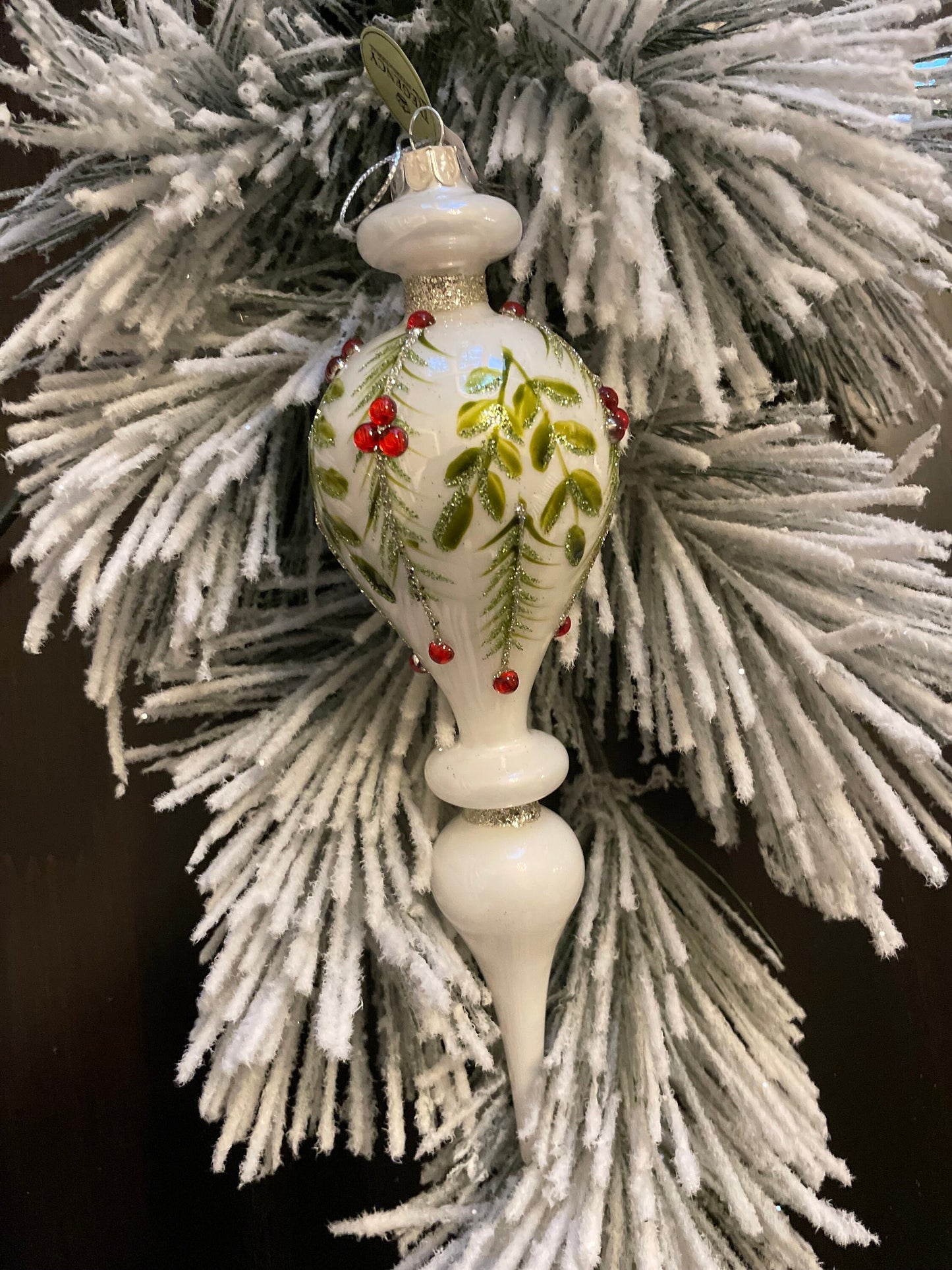 Set of 2. 10” Glass finial berry/ leaf/ pine ornament. Set of 2.*