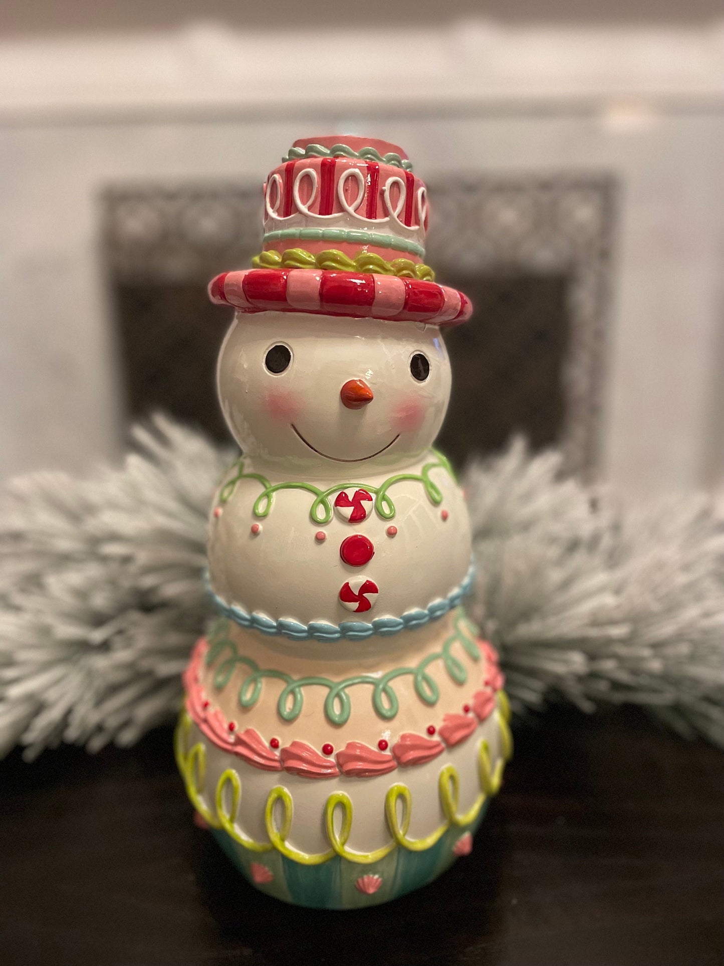 14” Snowman pastel candy, resin. Tabletop.