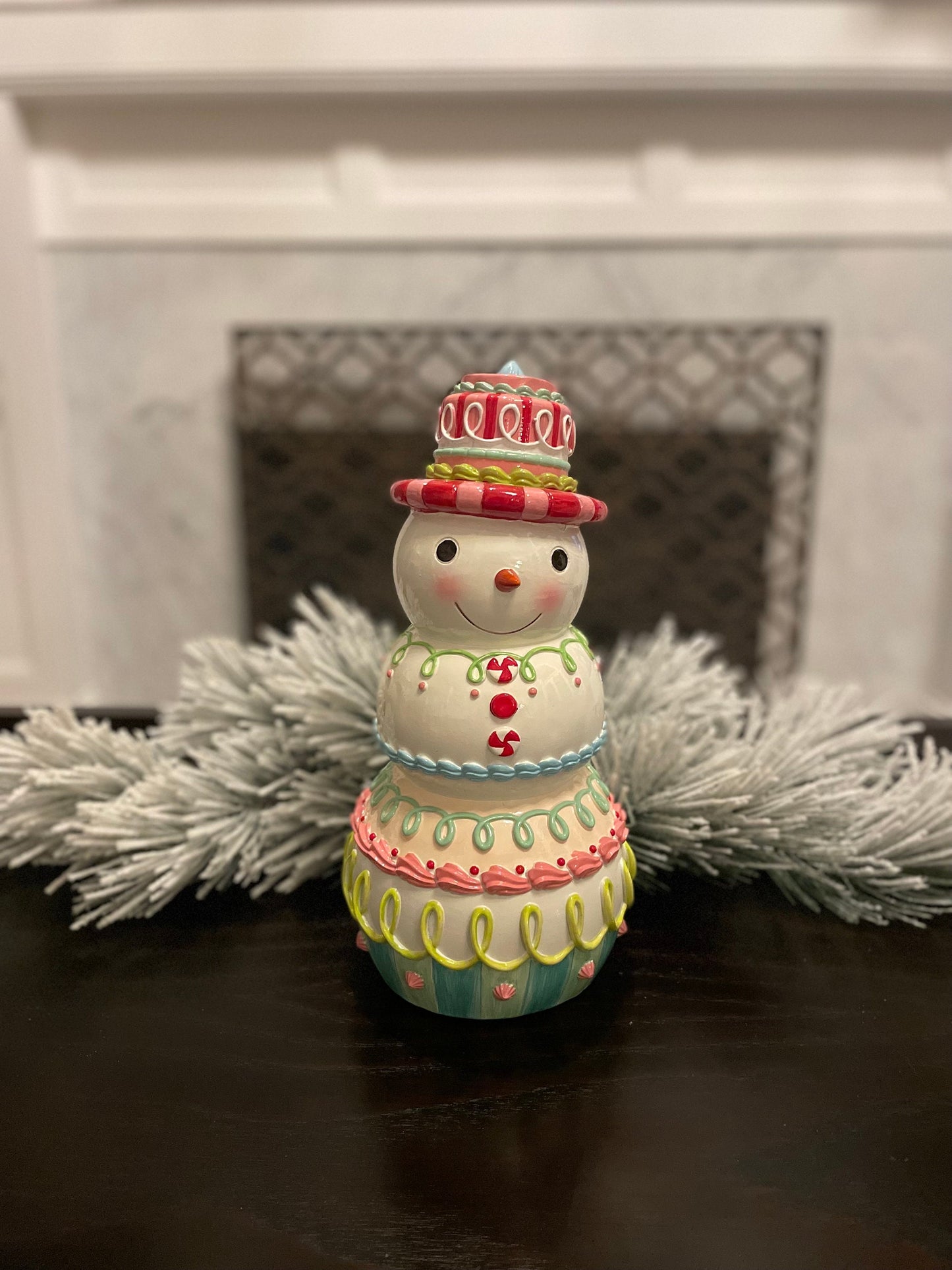 14” Snowman pastel candy, resin. Tabletop.