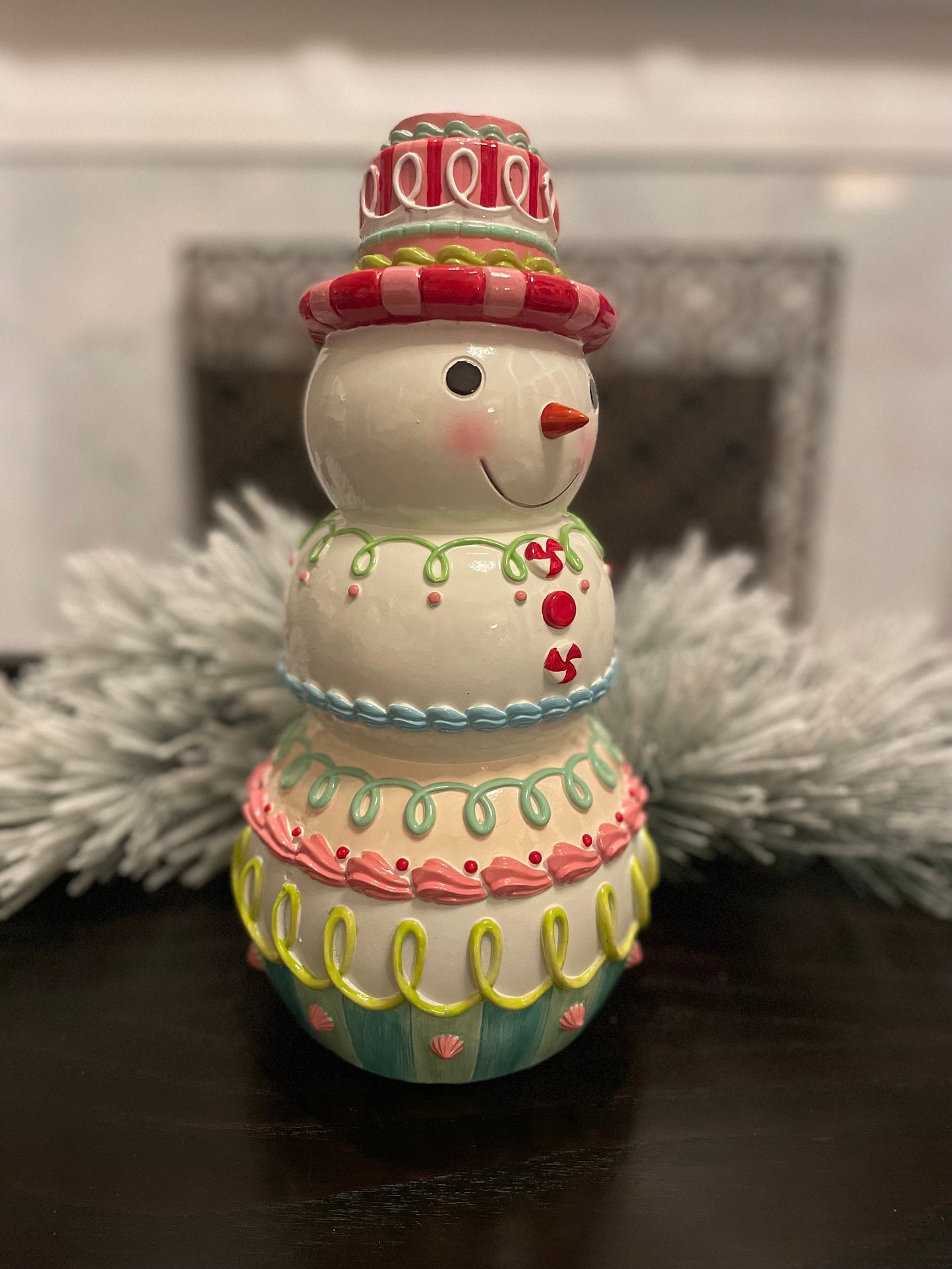 14” Snowman pastel candy, resin. Tabletop.
