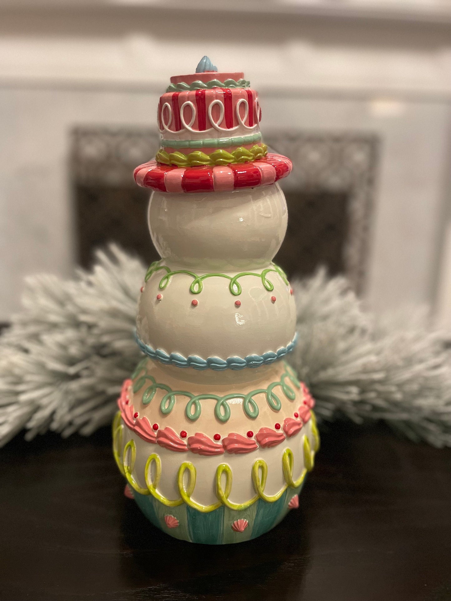 14” Snowman pastel candy, resin. Tabletop.