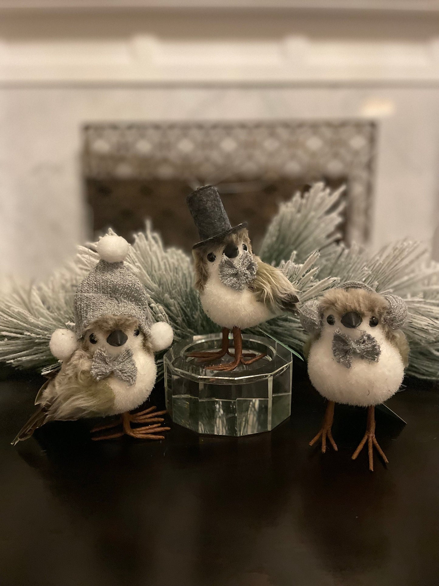 Set of 3. 6.5” faux fur birds with knitted bow tie ornaments. Natural.