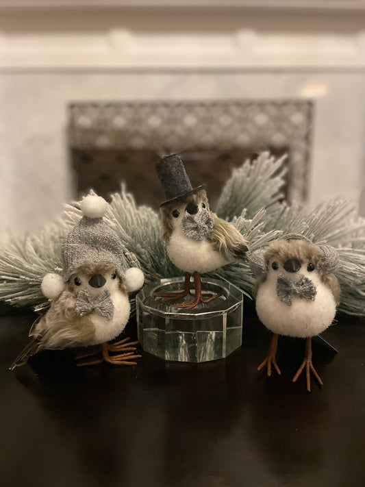 Set of 3. 6.5” faux fur birds with knitted bow tie ornaments. Natural.