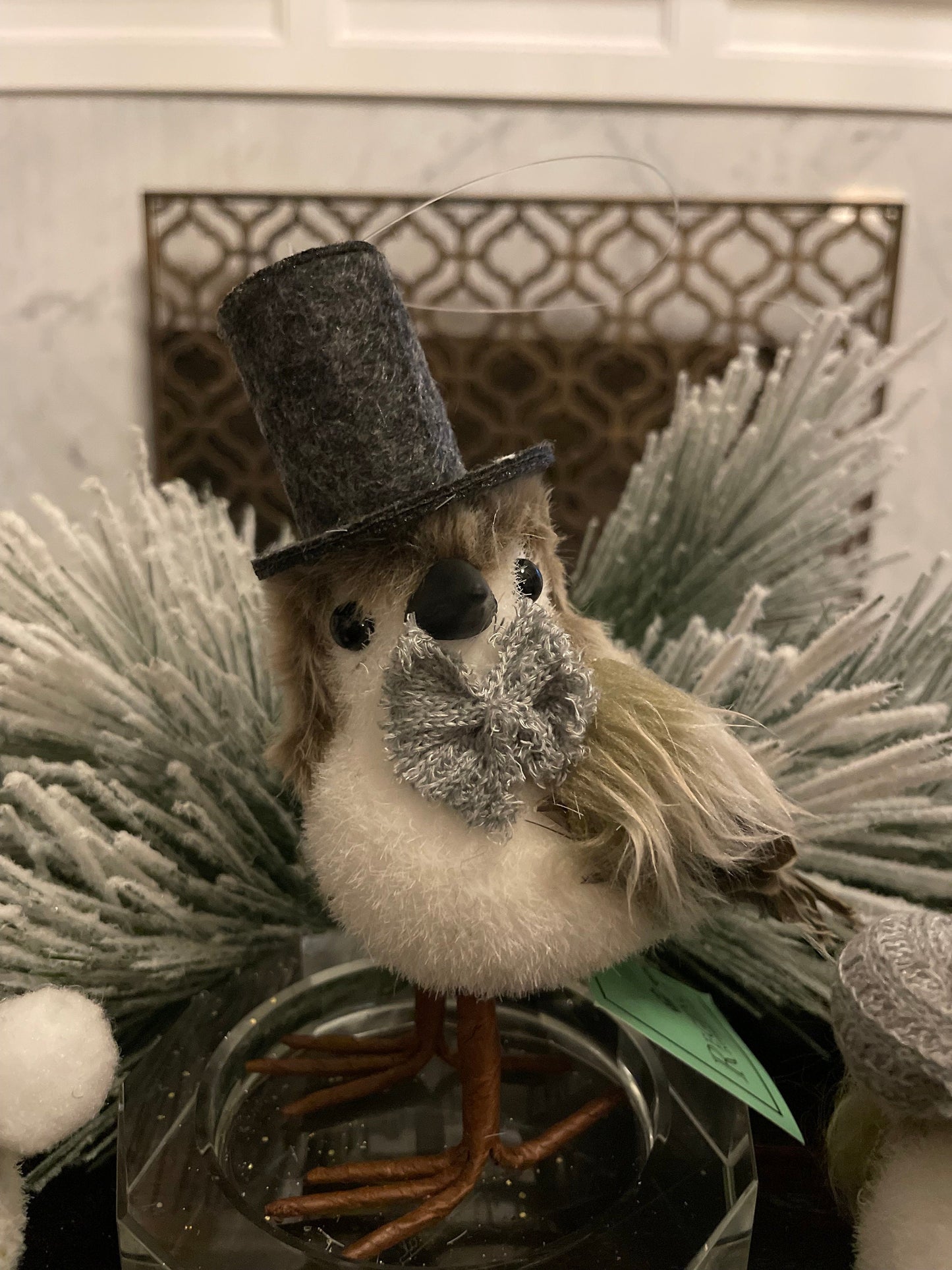 Set of 3. 6.5” faux fur birds with knitted bow tie ornaments. Natural.