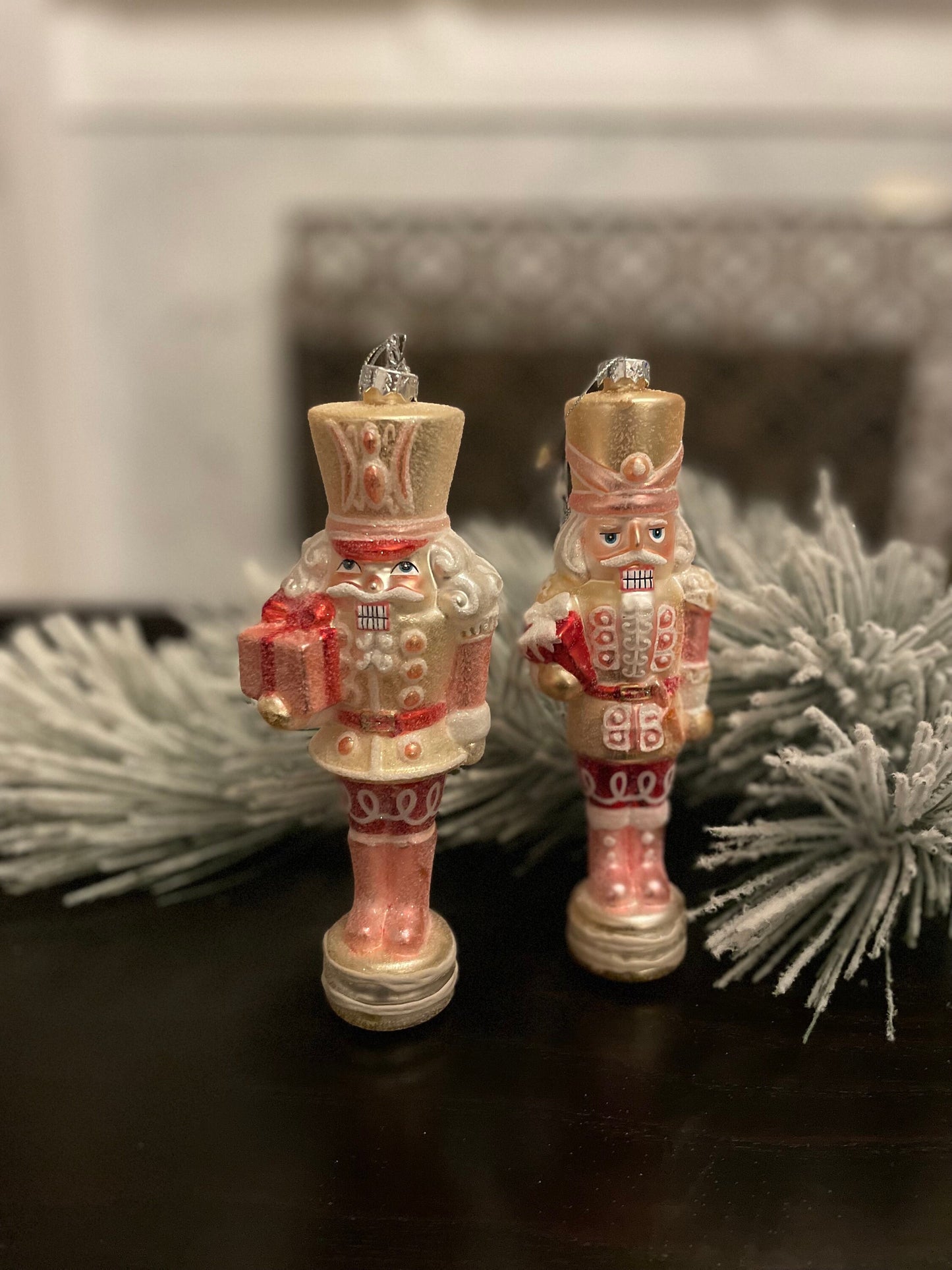 Set of 2. 8” Glittered nutcracker ornament. Pink. Glass.