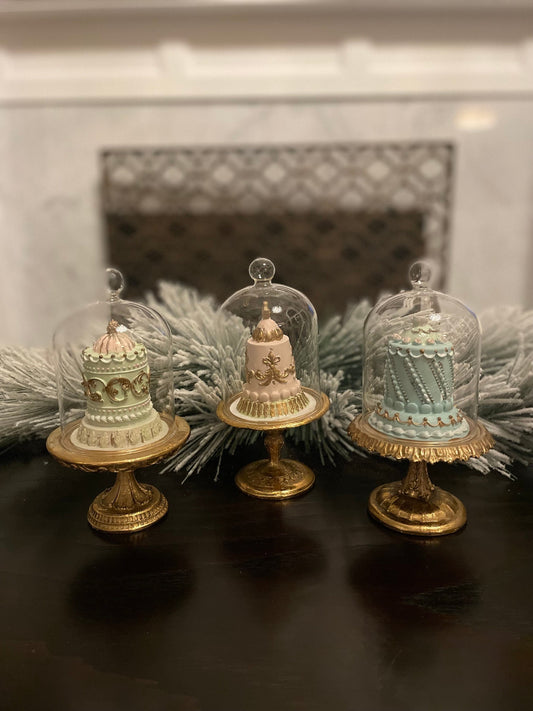 Set of 3. 7" Cake in cloche. Sweet! Tabletop decor.