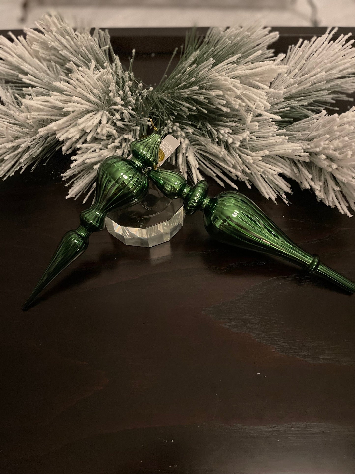 Set of 2. 11.75” Finial glass ornament. Green.
