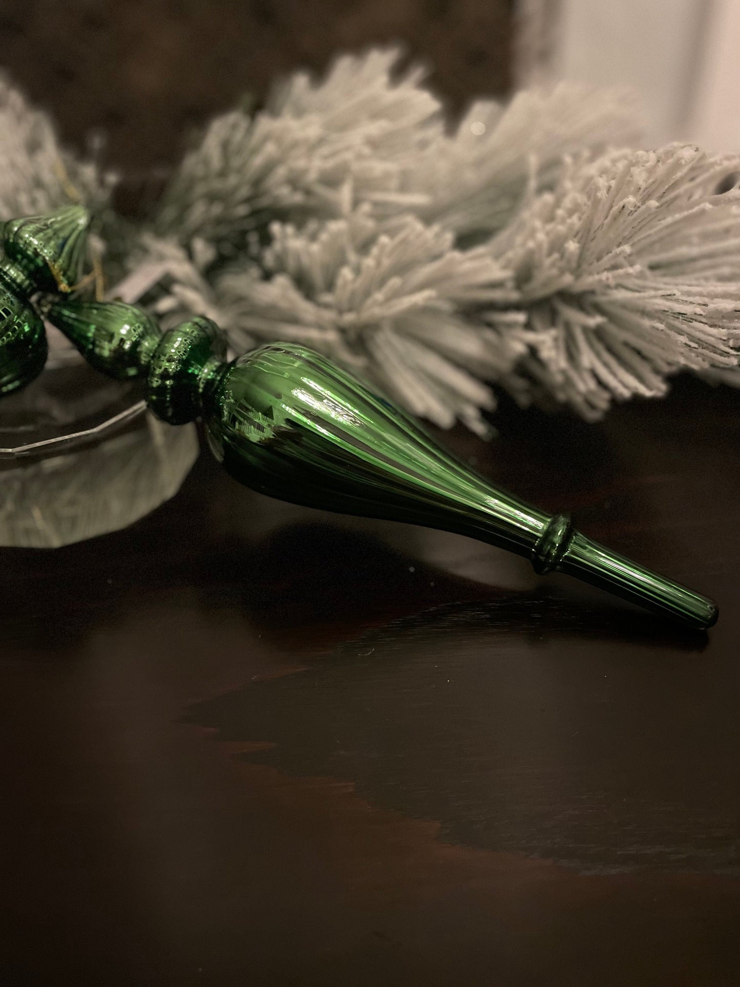 Set of 2. 11.75” Finial glass ornament. Green.