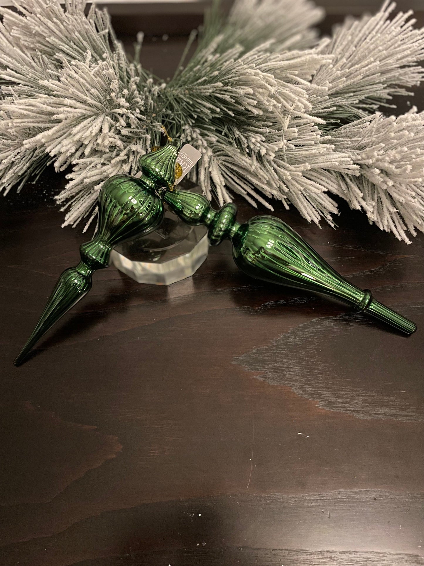 Set of 2. 11.75” Finial glass ornament. Green.
