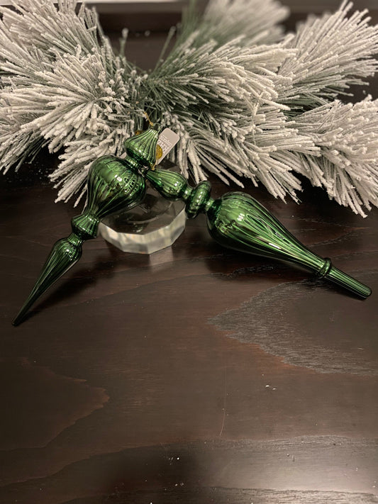 Set of 2. 11.75” Finial glass ornament. Green.
