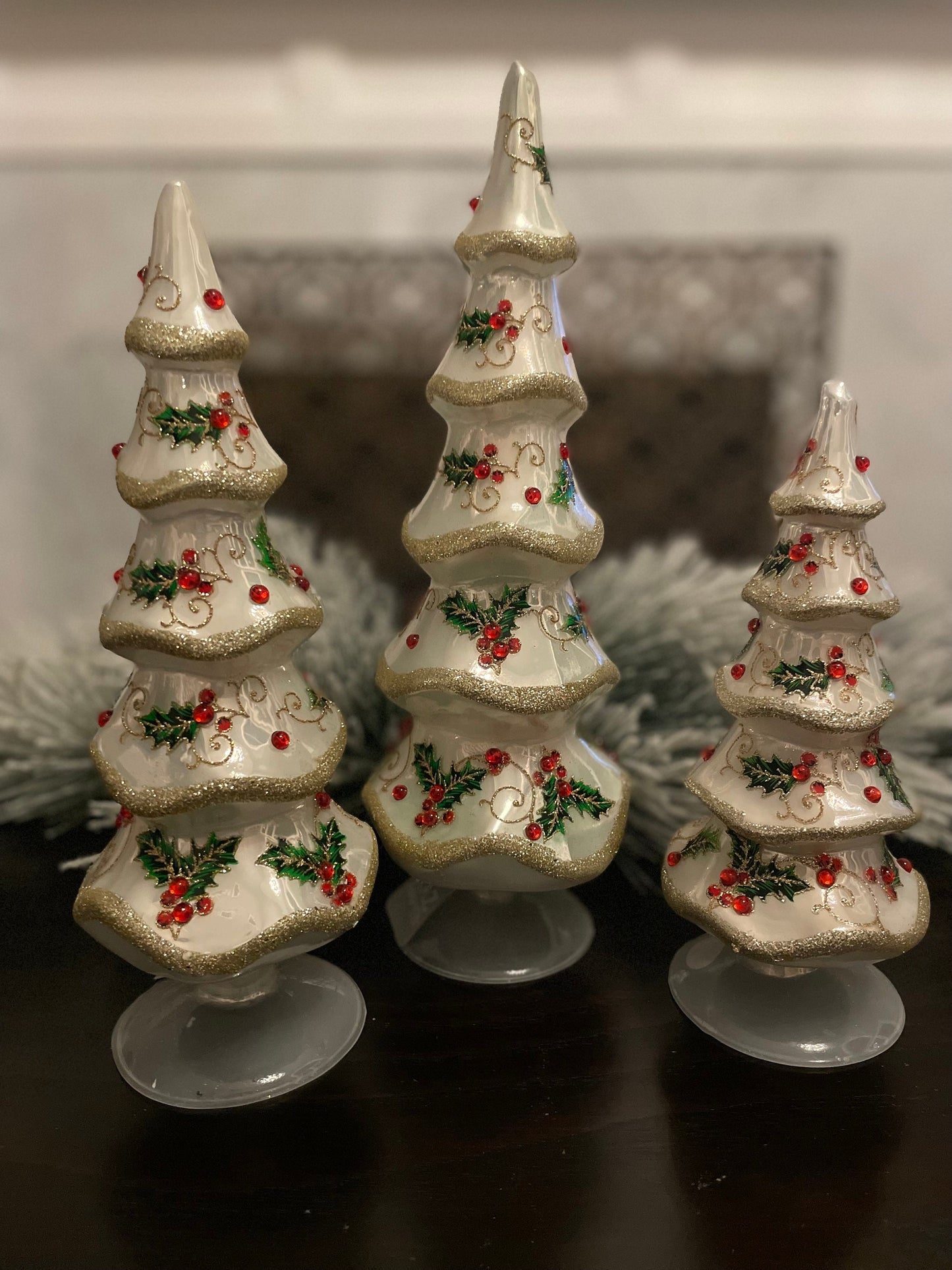 13.25" Holly patterned jeweled trees. set of 3.