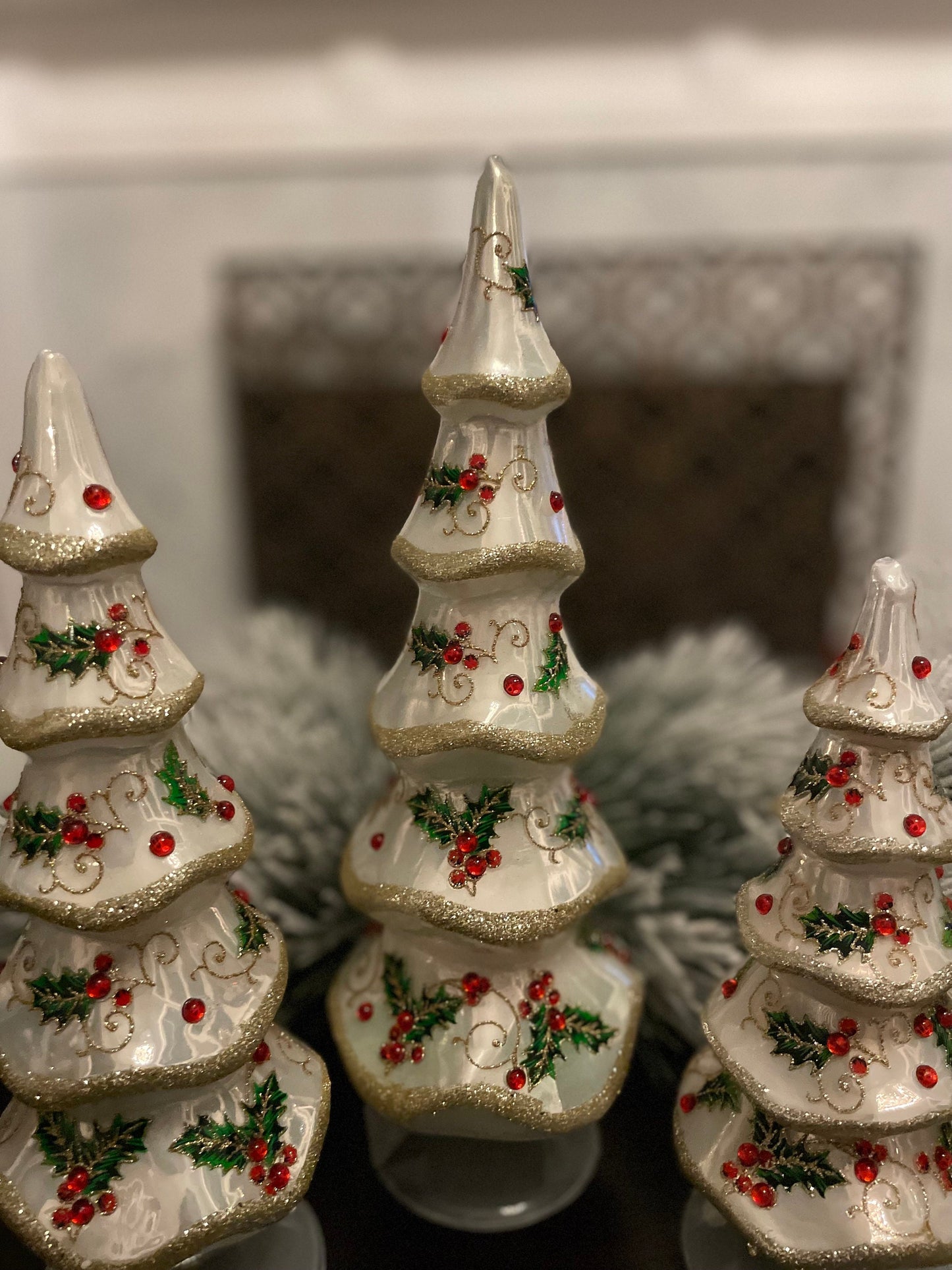 13.25" Holly patterned jeweled trees. set of 3.