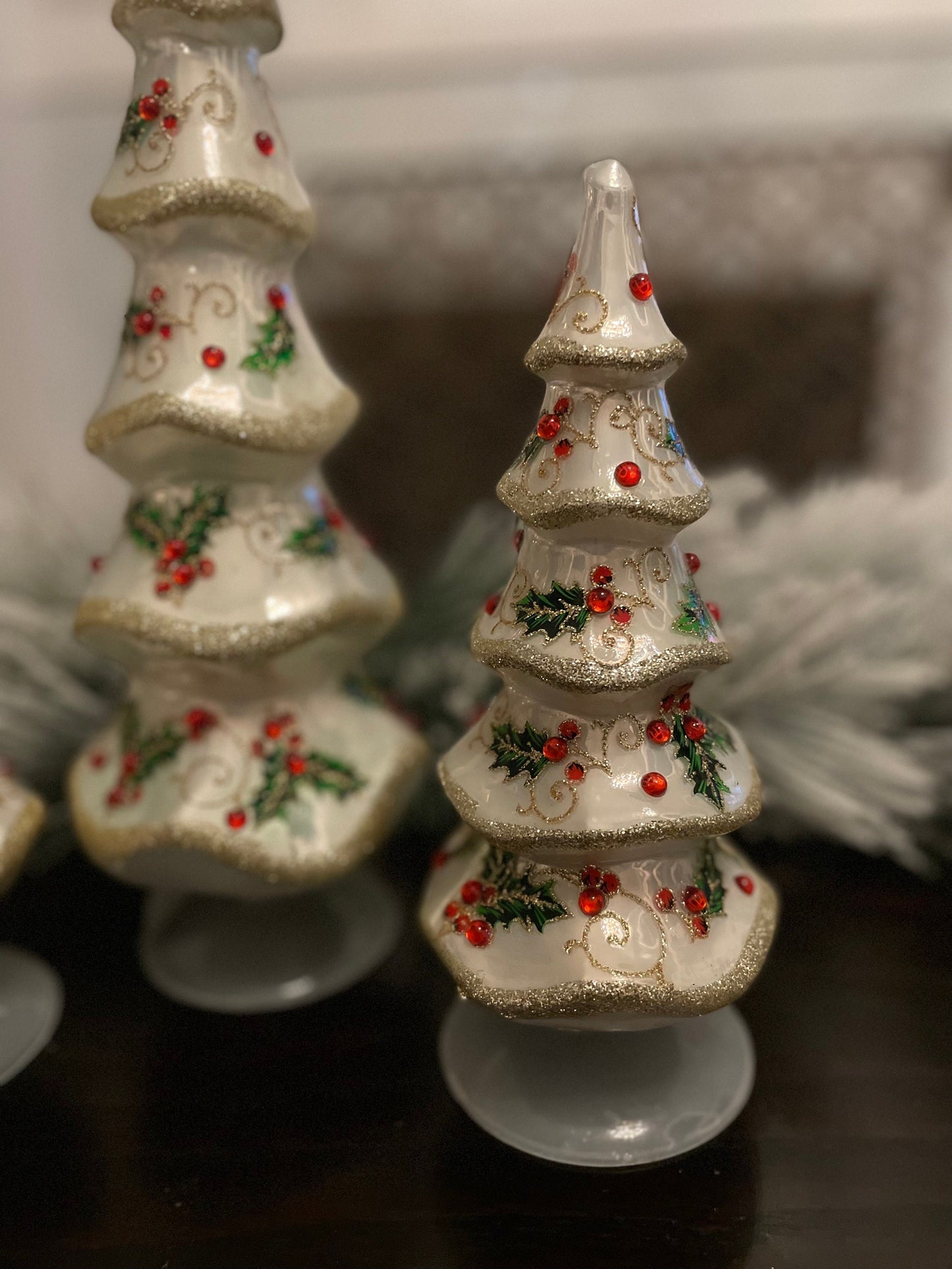 13.25" Holly patterned jeweled trees. set of 3.
