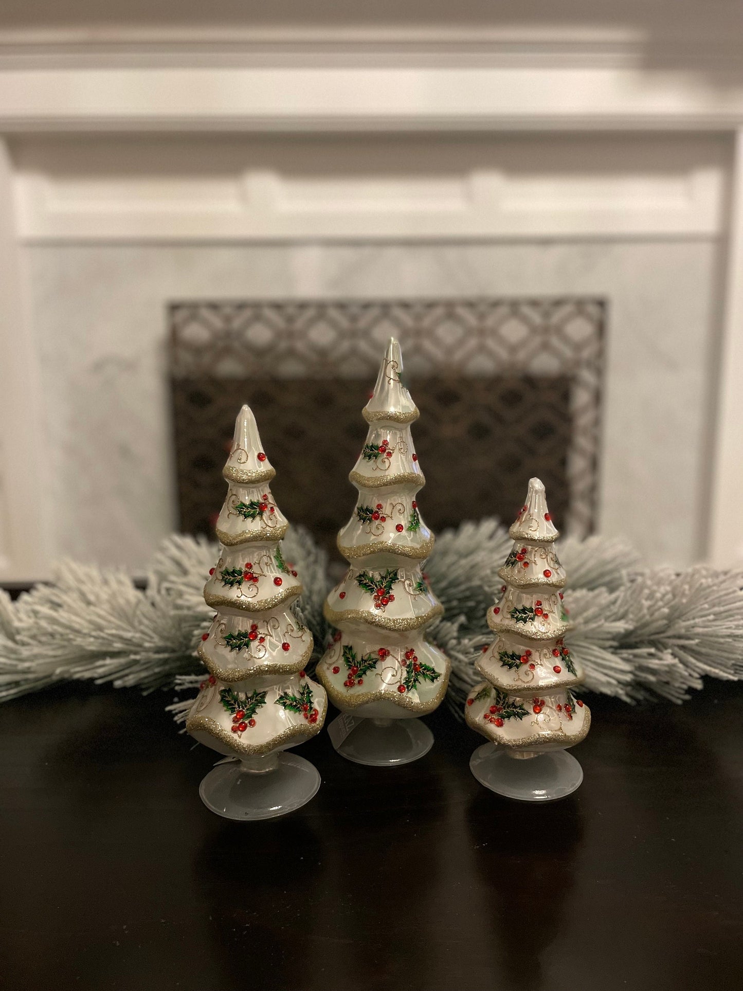 13.25" Holly patterned jeweled trees. set of 3.