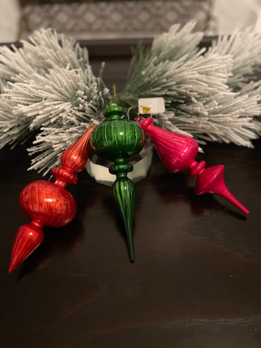 Set of 3. 9.75” Blown glass finial ornament. Pink, green and orange-red.