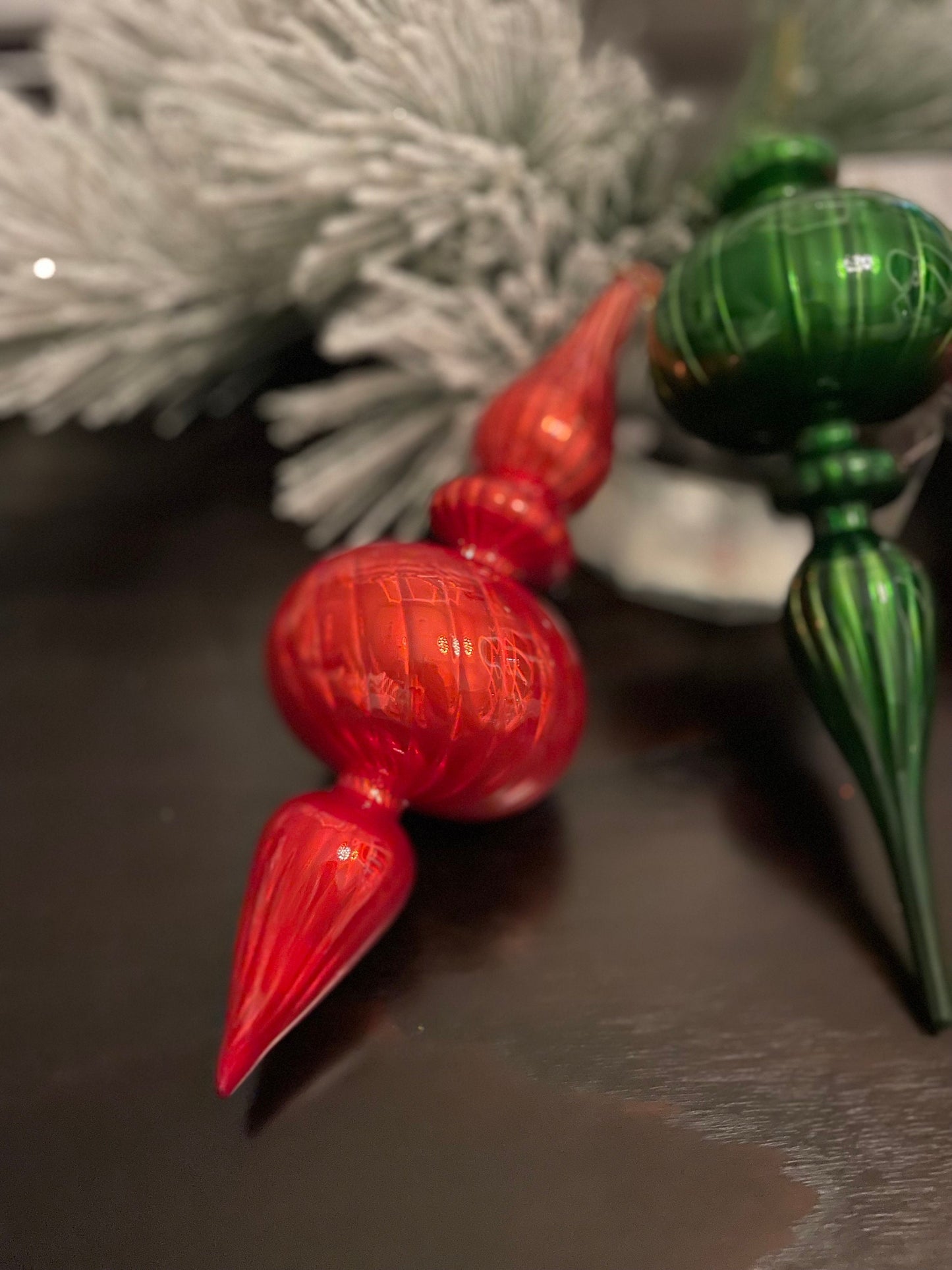 Set of 3. 9.75” Blown glass finial ornament. Pink, green and orange-red.