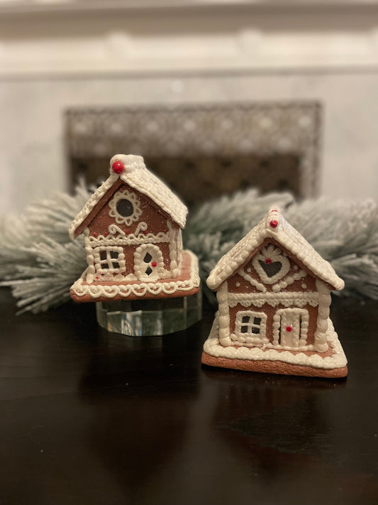 Set of 2. 6.5” Gingerbread lighted house with white icing.