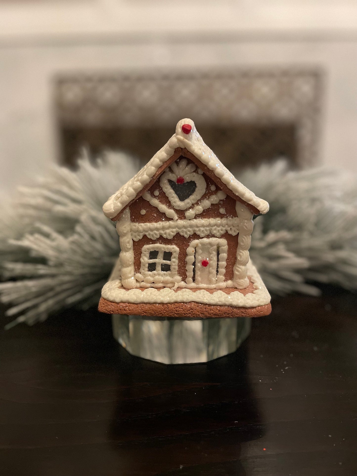 Set of 2. 6.5” Gingerbread lighted house with white icing.