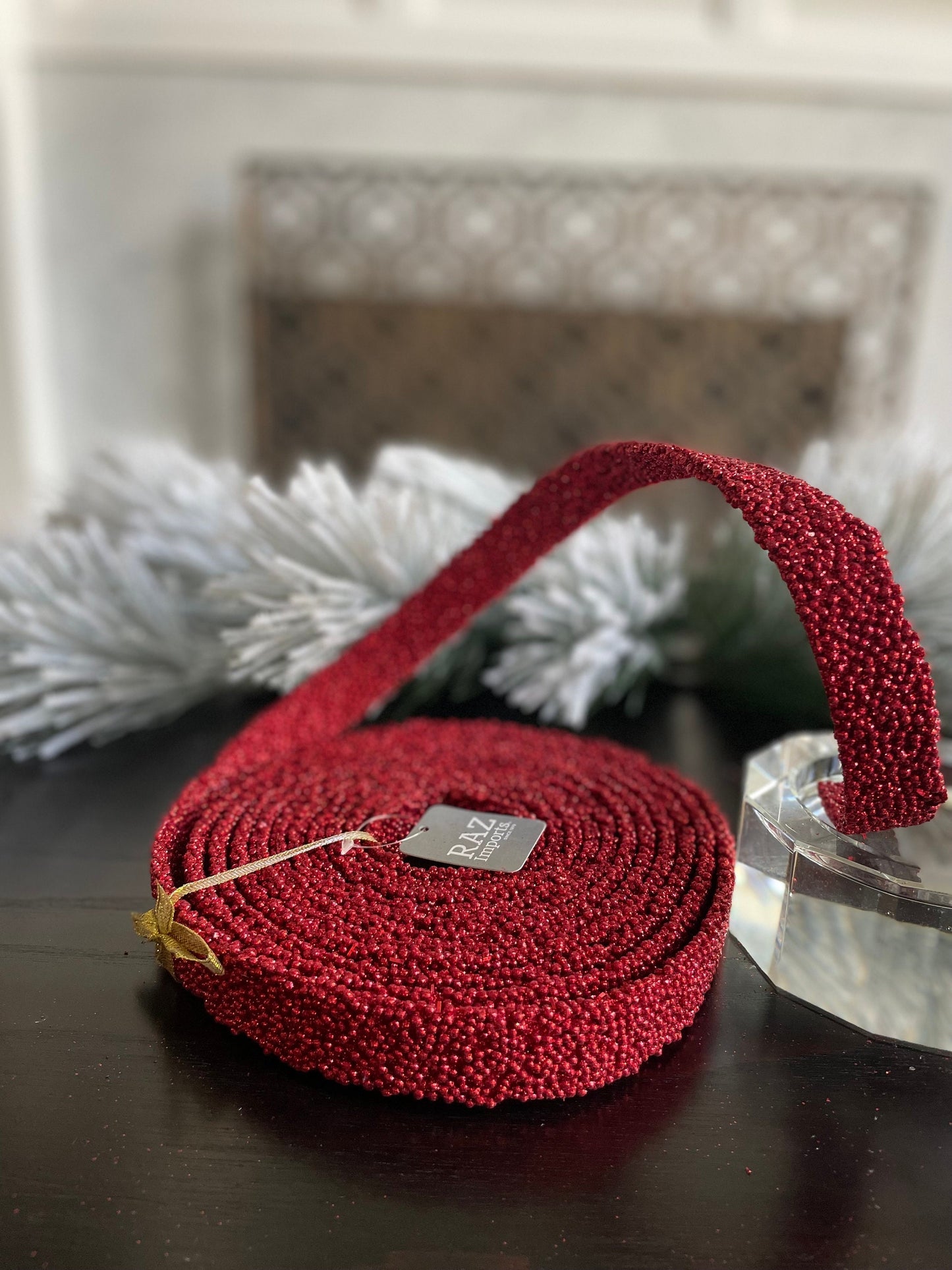 15’ L x 1”W Red beaded garland. Raz.