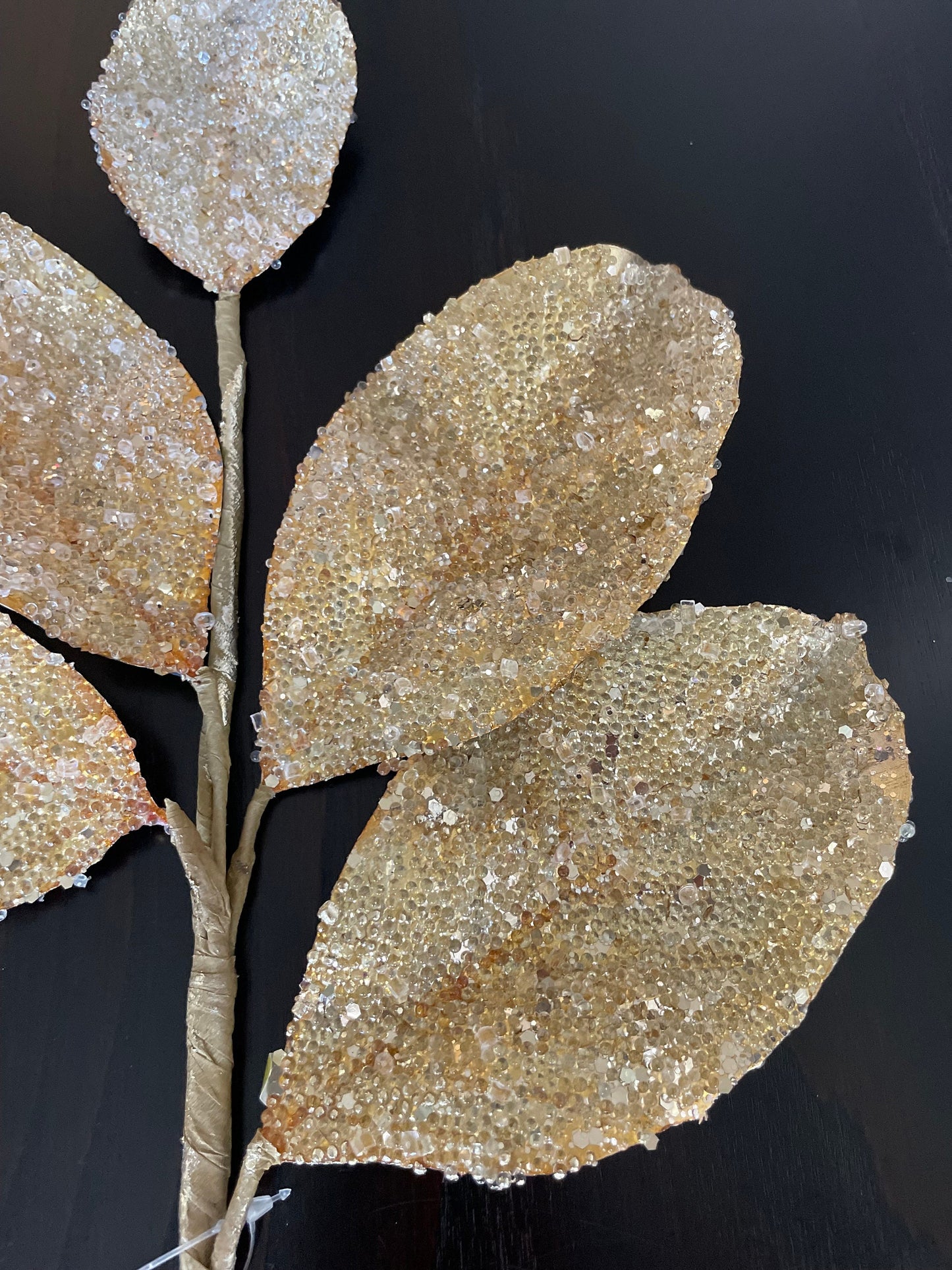 Set of 2. 24” Beaded metallic leaf spray. Gold.