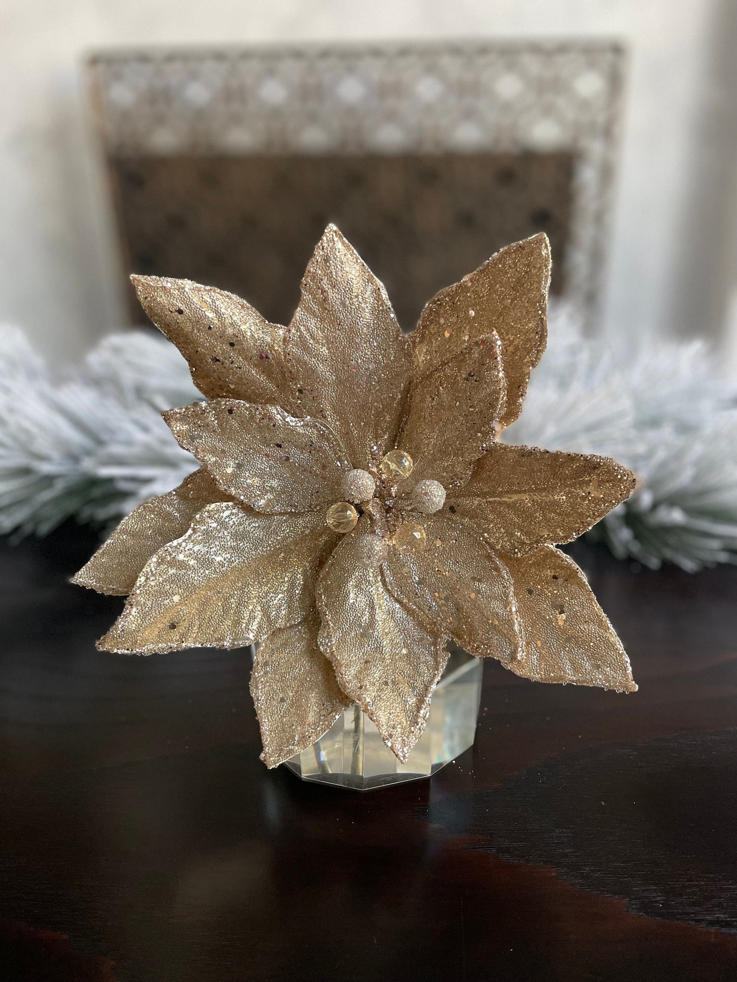 23” Champagne beaded glittered poinsettia stem.